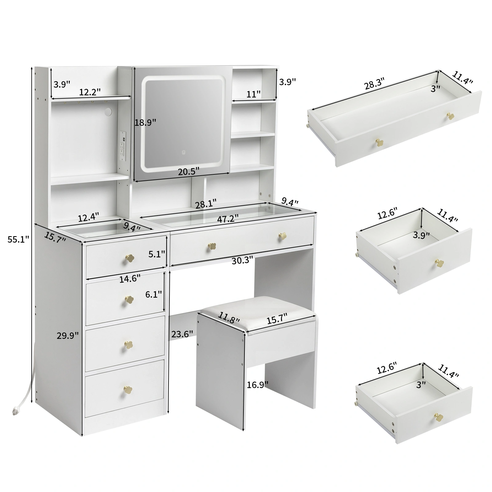 White 5-Drawer Vanity Table with LED Three-Tone Mirror, Power Strip, Shelves & Hooks, Tempered Glass Top, 47.24 x 15.75 x 53.54in view 6