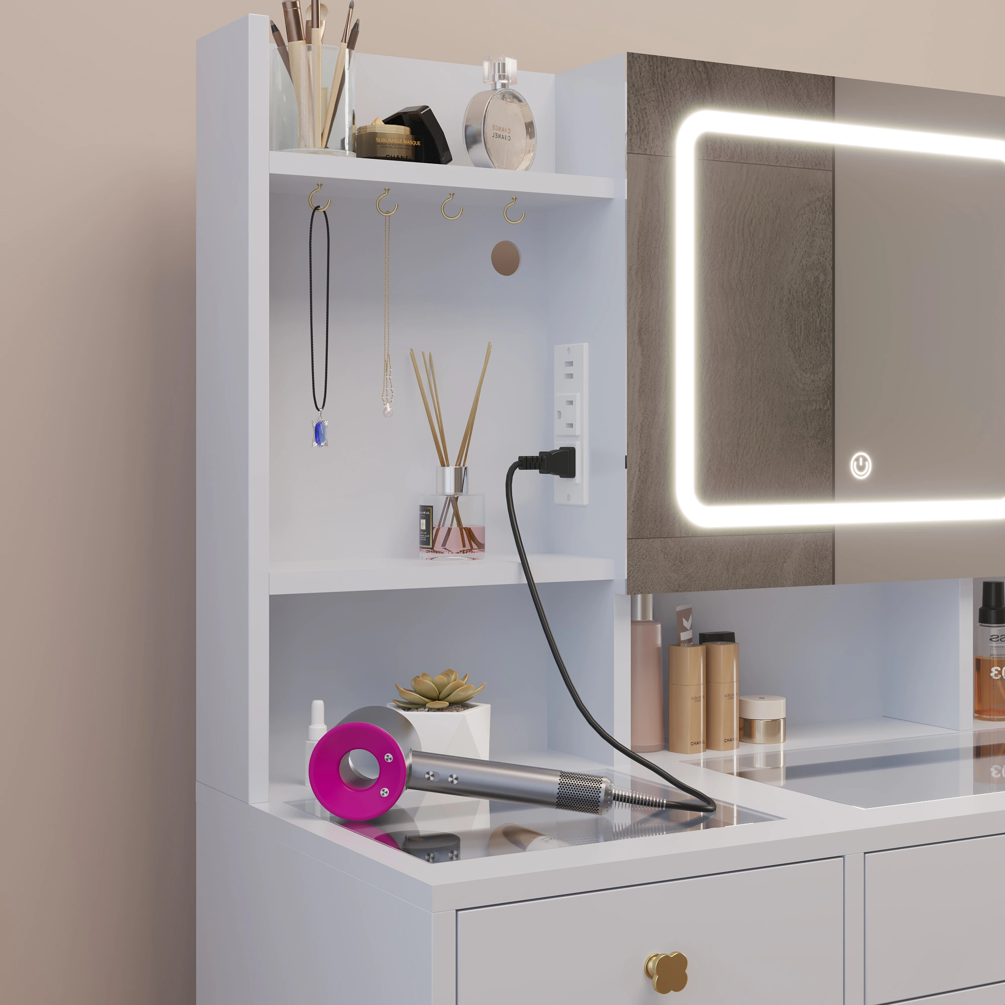 White 5-Drawer Vanity Table with LED Three-Tone Mirror, Power Strip, Shelves & Hooks, Tempered Glass Top, 47.24 x 15.75 x 53.54in view 7