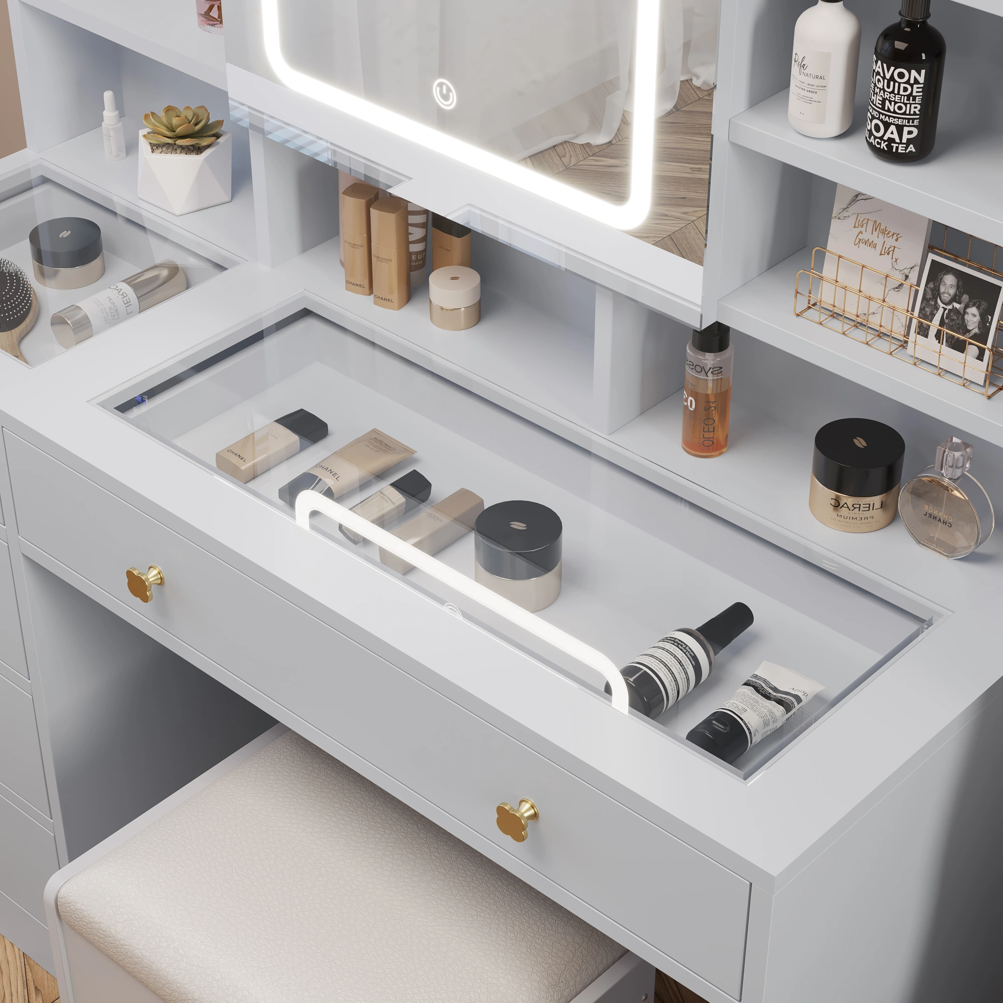 White 5-Drawer Vanity Table with LED Three-Tone Mirror, Power Strip, Shelves & Hooks, Tempered Glass Top, 47.24 x 15.75 x 53.54in view 8