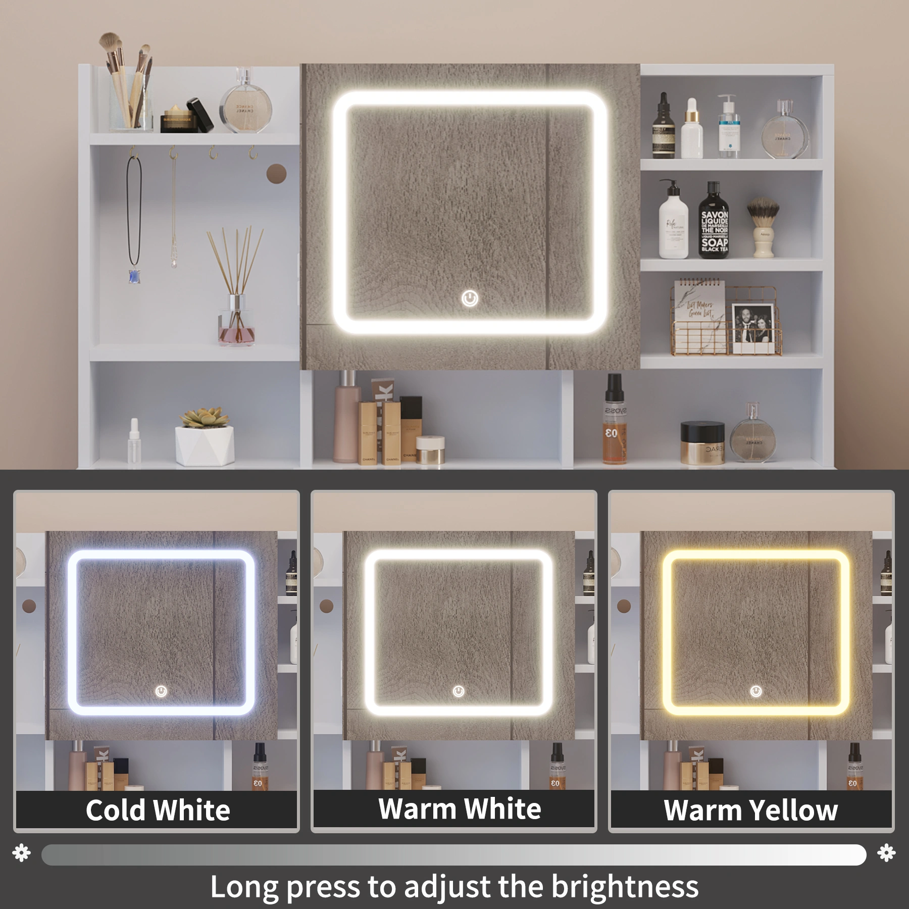 White 5-Drawer Vanity Table with LED Three-Tone Mirror, Power Strip, Shelves & Hooks, Tempered Glass Top, 47.24 x 15.75 x 53.54in view 9