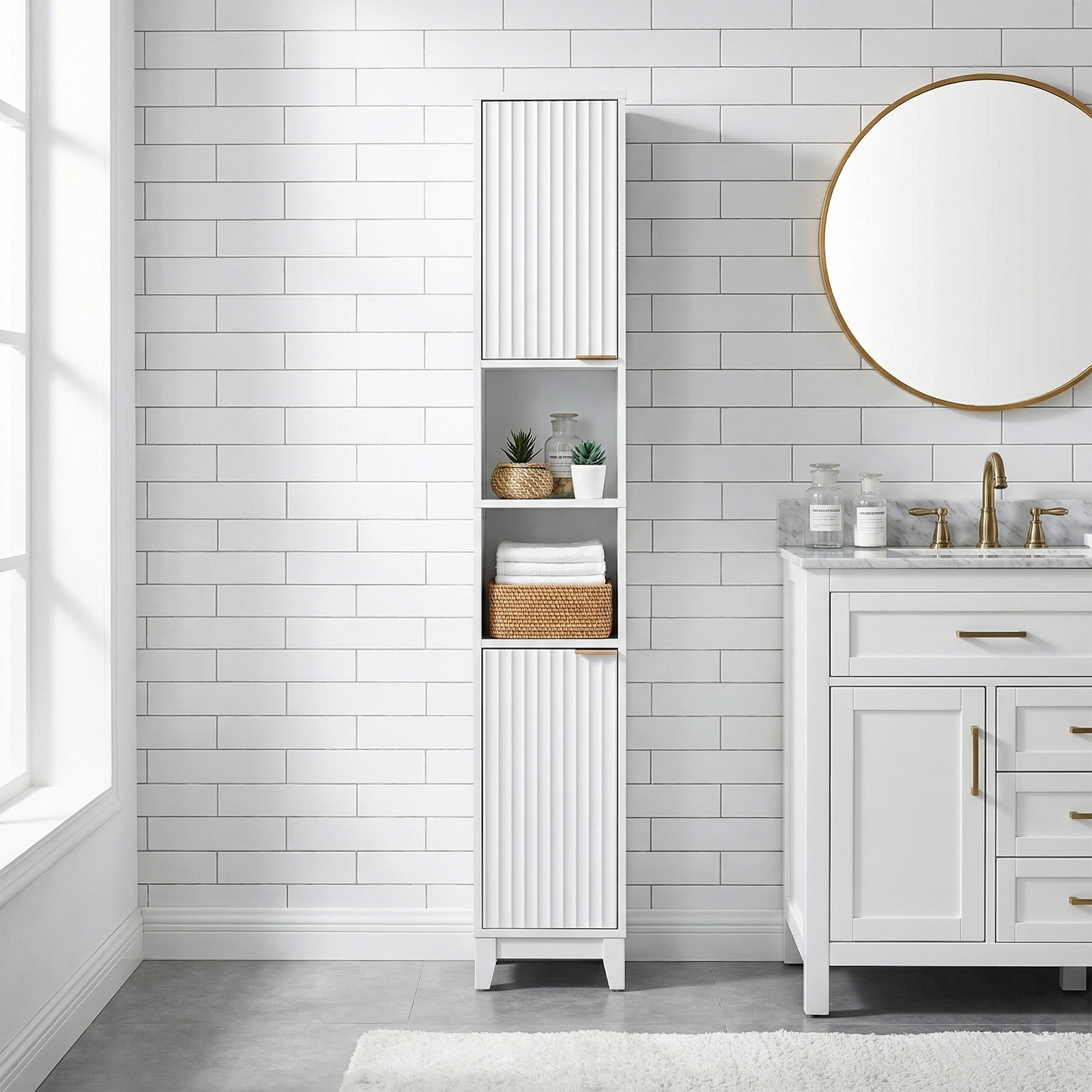 White particleboard with melamine veneer and MDF grid vacuum forming, 30*28*170cm, two doors and two shelves, bathroom vanity view 2