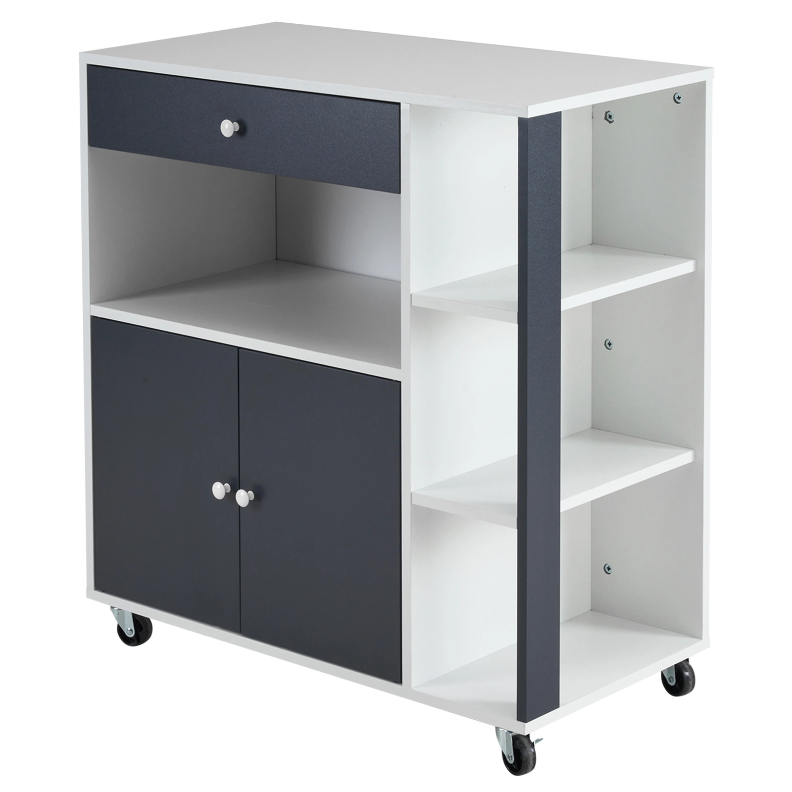 Kitchen Island Cart with 5 Shelves & 1 Drawer, Rolling Mobile Storage Cart on Wheels, White & Grey