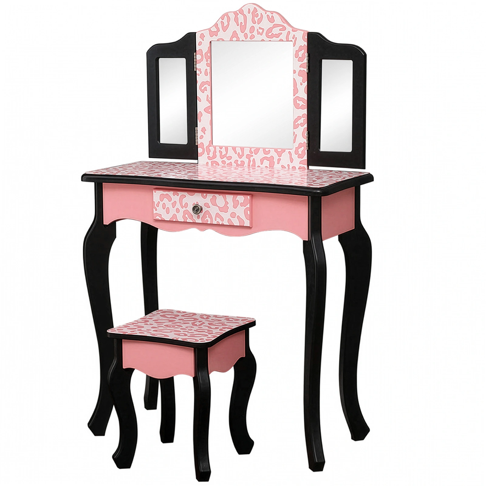 Three-Fold Mirror Single Drawer Arc Feet Children Dresser Red Leopard Print view 6