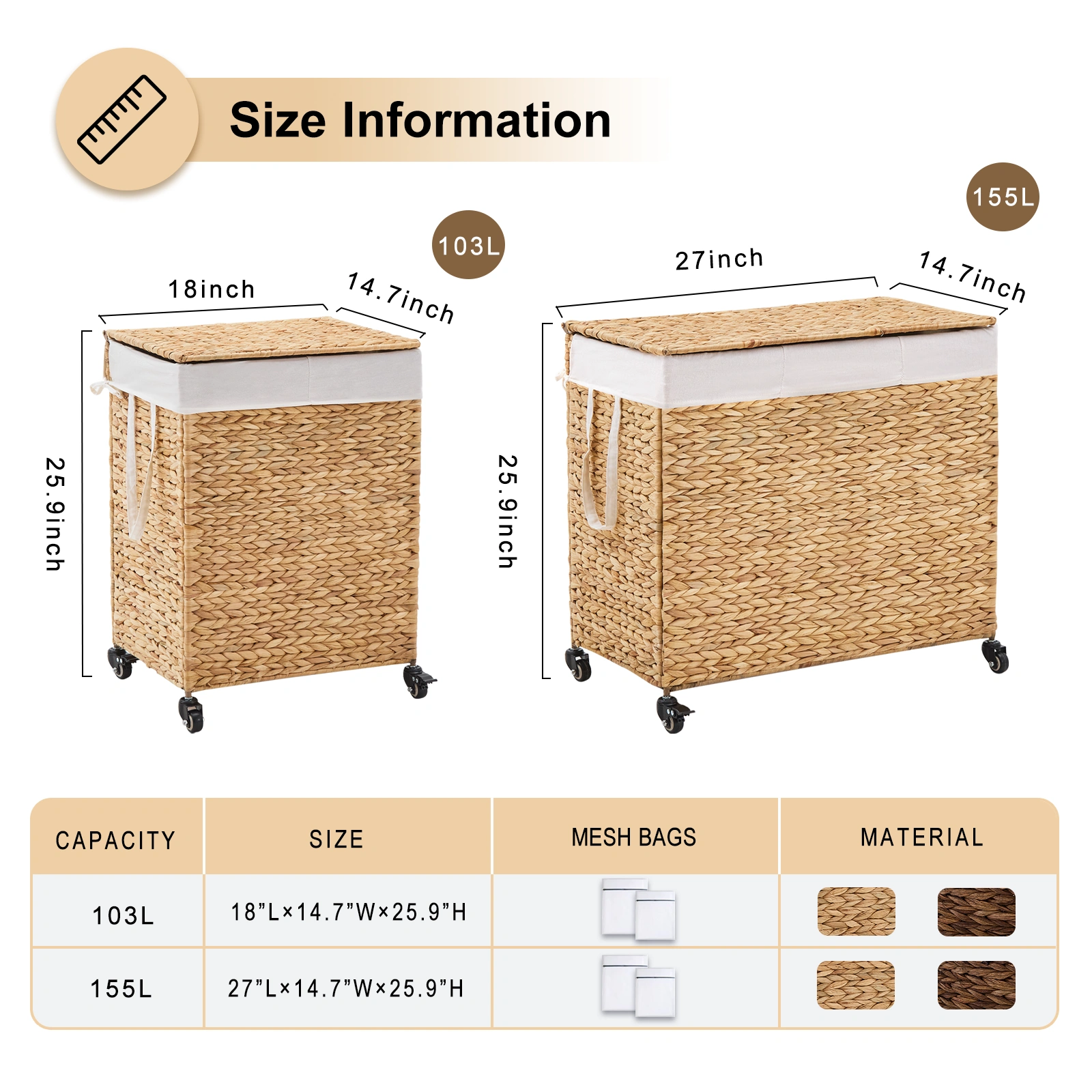 160L 3-Section Laundry Hamper with Lid and Wheels, Woven Natural Water Hyacinth Rolling Laundry Hamper view 3