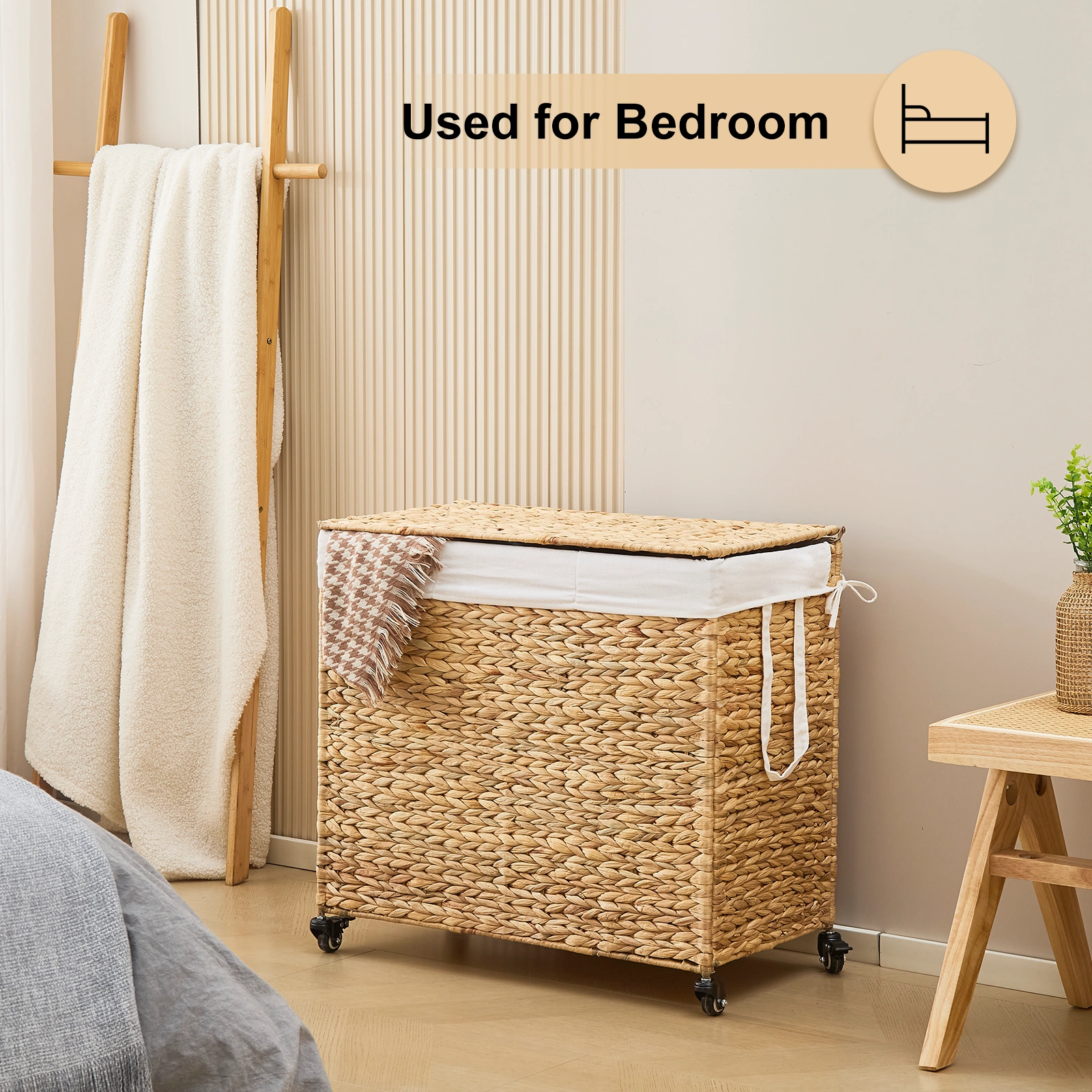 160L 3-Section Laundry Hamper with Lid and Wheels, Woven Natural Water Hyacinth Rolling Laundry Hamper view 7