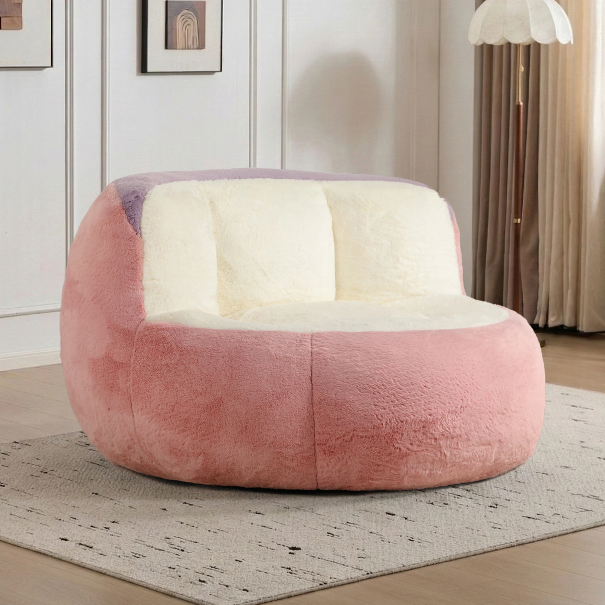 Oversized Faux Fur Bean Bag Chair, Shredded Sponge Fill Lounger Sofa, No Assembly Required, Pink White Purple