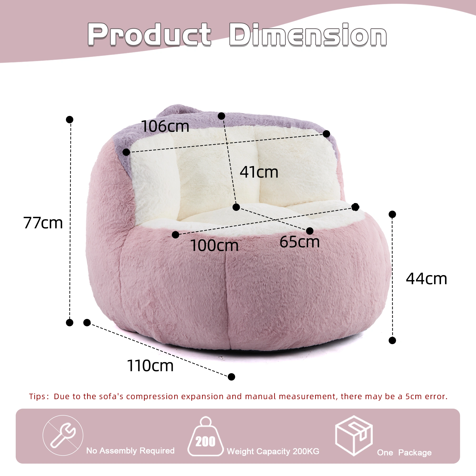 Oversized Faux Fur Bean Bag Chair, Shredded Sponge Fill Lounger Sofa, No Assembly Required, Pink White Purple view 3