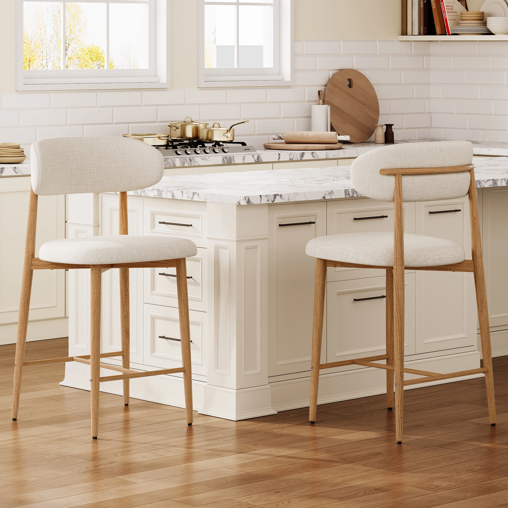Counter Height Bar Stools Set of 2, Upholstered Modern Barstools with Metal Legs for Kitchen Island Dining Room, Beige