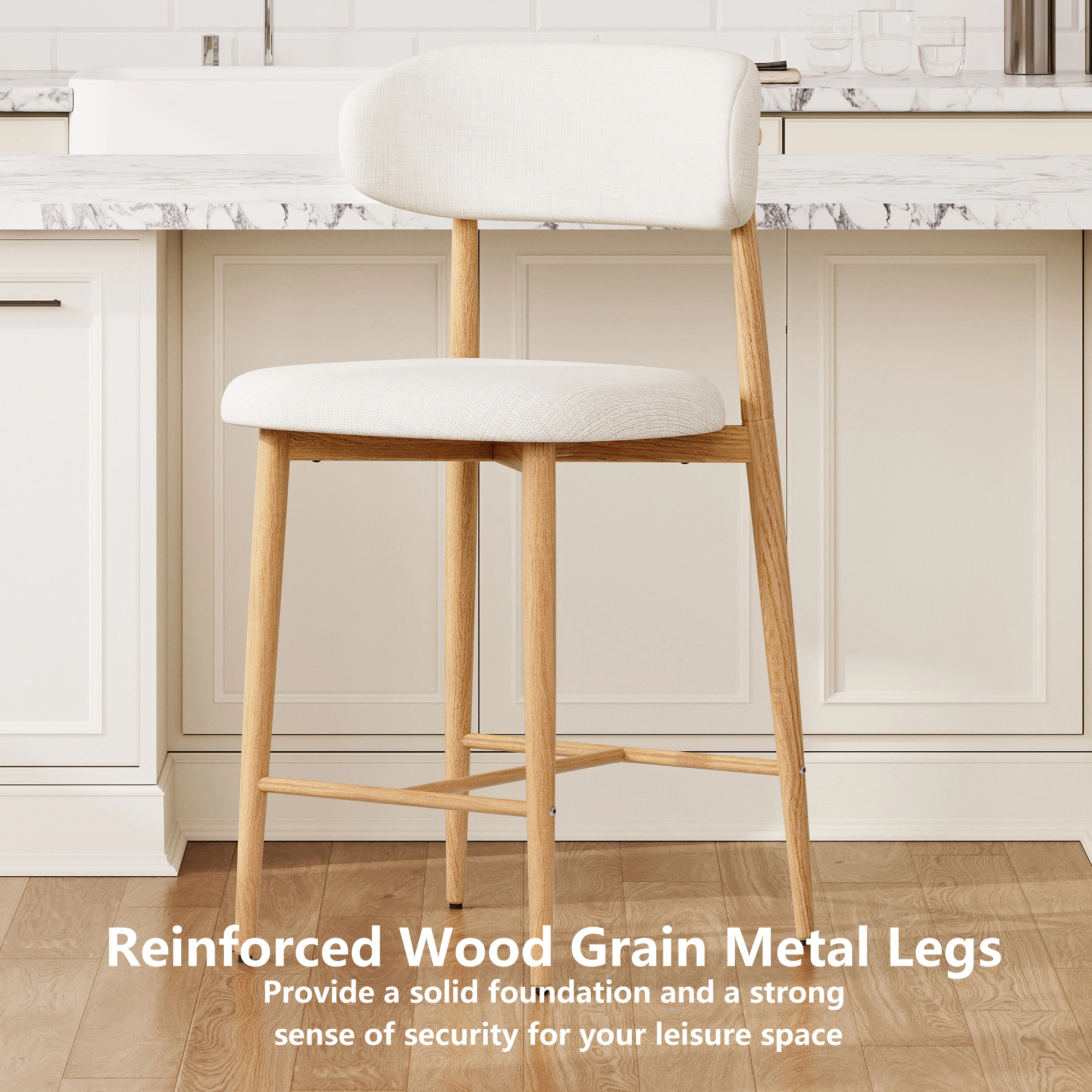 Counter Height Bar Stools Set of 2, Upholstered Modern Barstools with Metal Legs for Kitchen Island Dining Room, Beige view 16