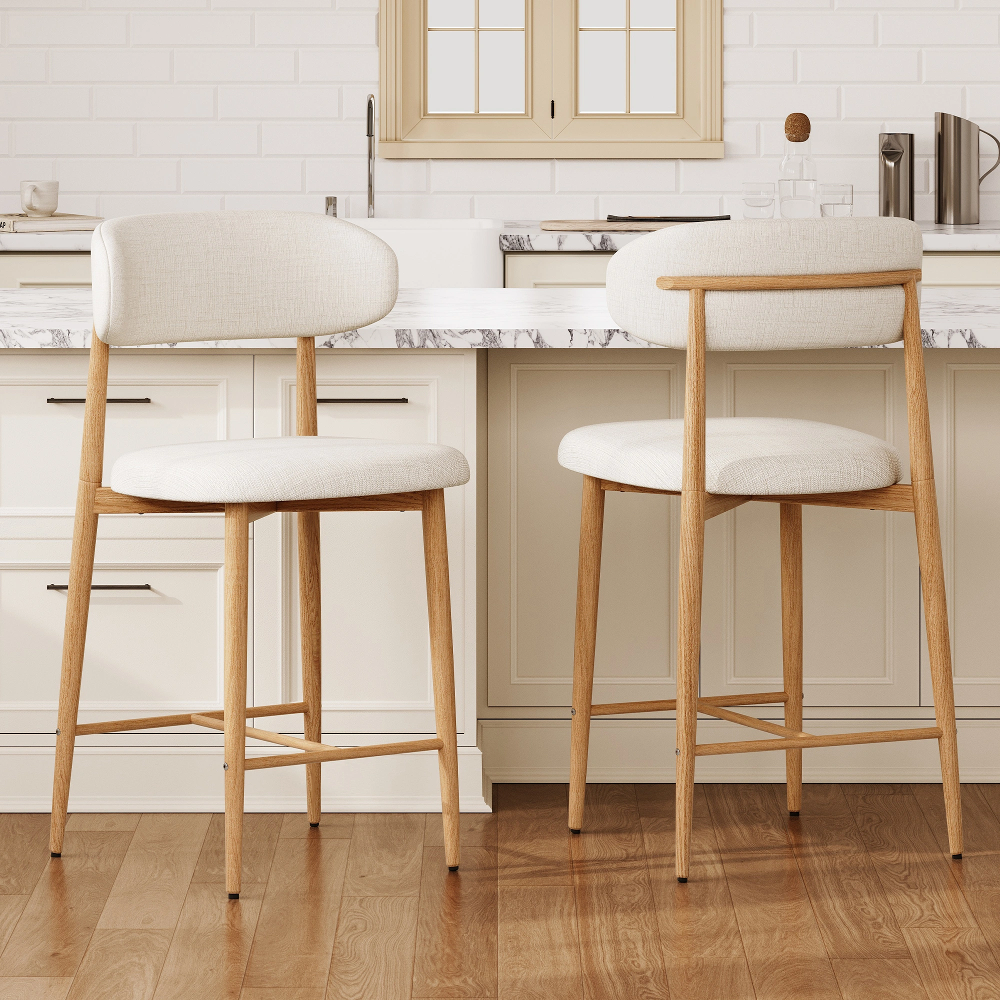 Counter Height Bar Stools Set of 2, Upholstered Modern Barstools with Metal Legs for Kitchen Island Dining Room, Beige view 17