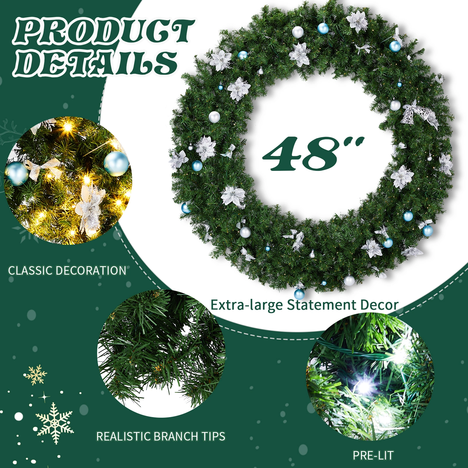 48in Pre-lit Christmas Wreath, Lighted Artificial Xmas Wreath with 150 Cold & Warm White Lights and 450 PVC Tips and DIY Ornaments, for Front Door Gate Wall Xmas Party Decorations, Light Green view 3