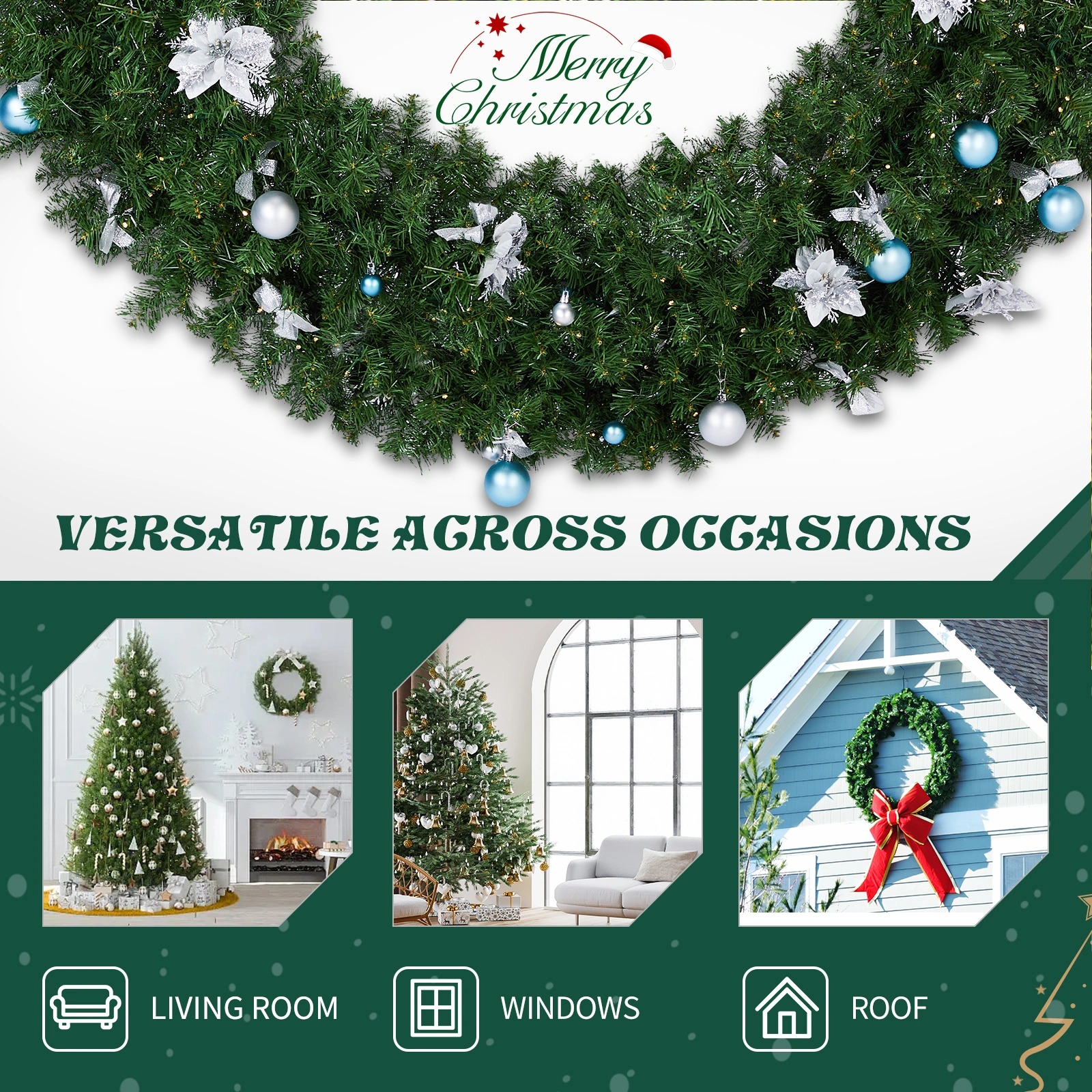 48in Pre-lit Christmas Wreath, Lighted Artificial Xmas Wreath with 150 Cold & Warm White Lights and 450 PVC Tips and DIY Ornaments, for Front Door Gate Wall Xmas Party Decorations, Light Green view 4