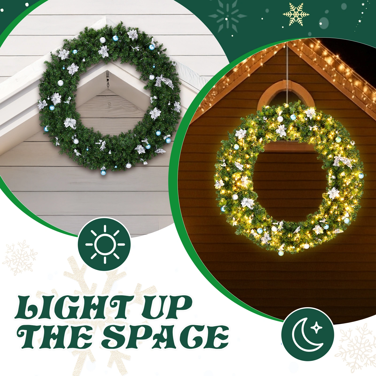 48in Pre-lit Christmas Wreath, Lighted Artificial Xmas Wreath with 150 Cold & Warm White Lights and 450 PVC Tips and DIY Ornaments, for Front Door Gate Wall Xmas Party Decorations, Light Green view 5