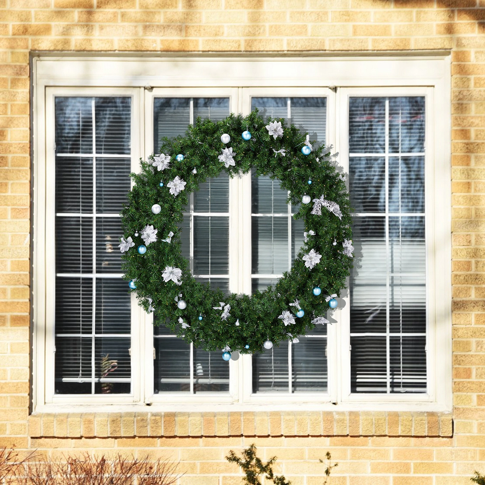 48in Pre-lit Christmas Wreath, Lighted Artificial Xmas Wreath with 150 Cold & Warm White Lights and 450 PVC Tips and DIY Ornaments, for Front Door Gate Wall Xmas Party Decorations, Light Green view 7