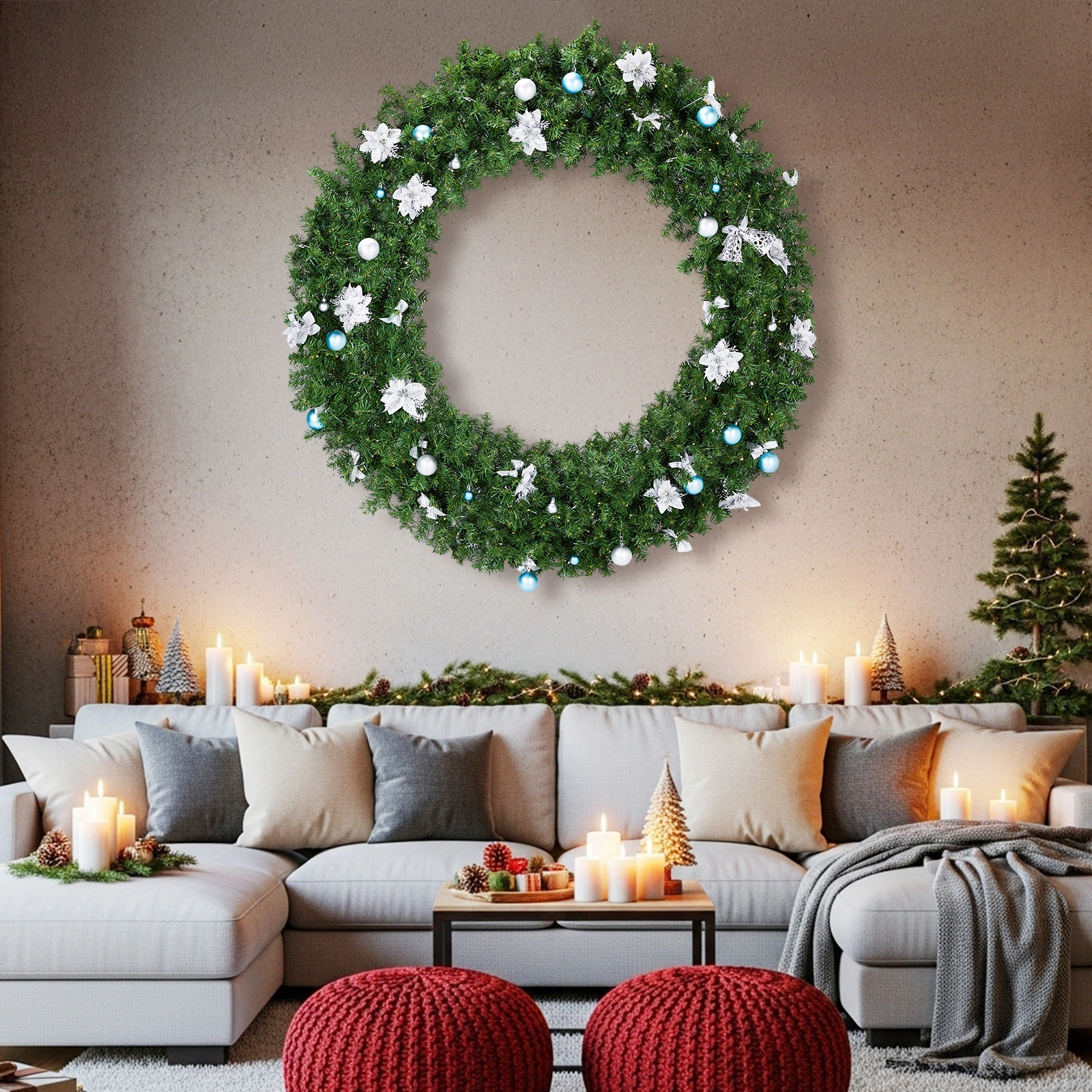48in Pre-lit Christmas Wreath, Lighted Artificial Xmas Wreath with 150 Cold & Warm White Lights and 450 PVC Tips and DIY Ornaments, for Front Door Gate Wall Xmas Party Decorations, Light Green view 8