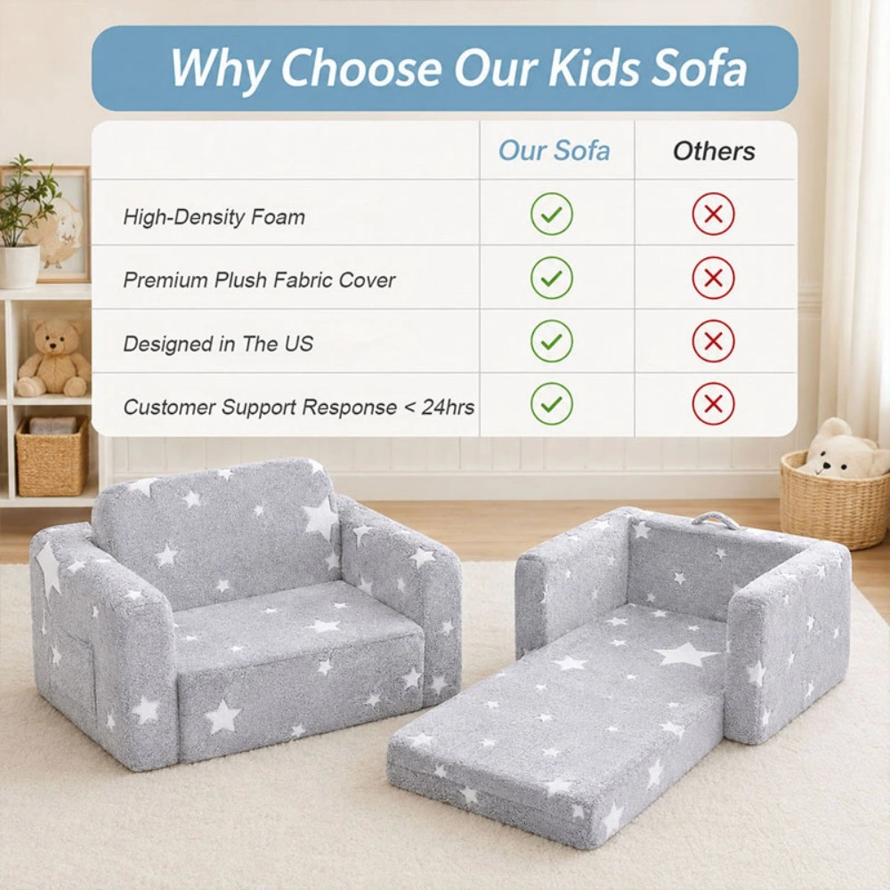 2-in-1 Convertible Toddler Sofa Bed, Fold-Out with Washable Cover & Glowing Star