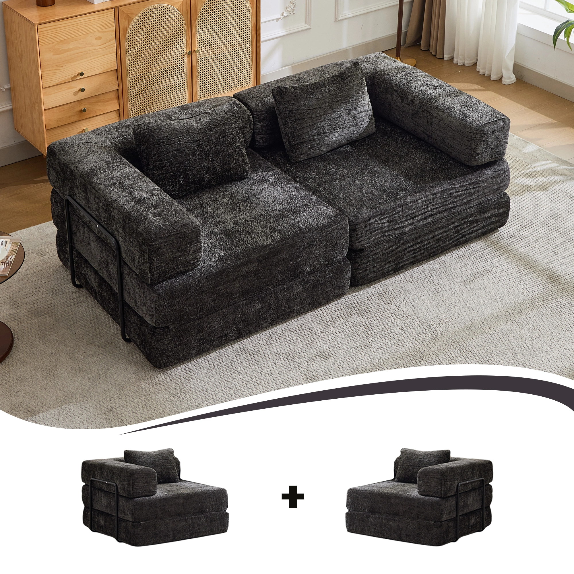 Compression Sofa,Convertible Floor Sofa Bed with Fixed-Shape Frame, Loveseats Boneless Modular Sectional Sofa,No Assembly Required,Chenille fabric,for Living Room Bedroom,Black view 4
