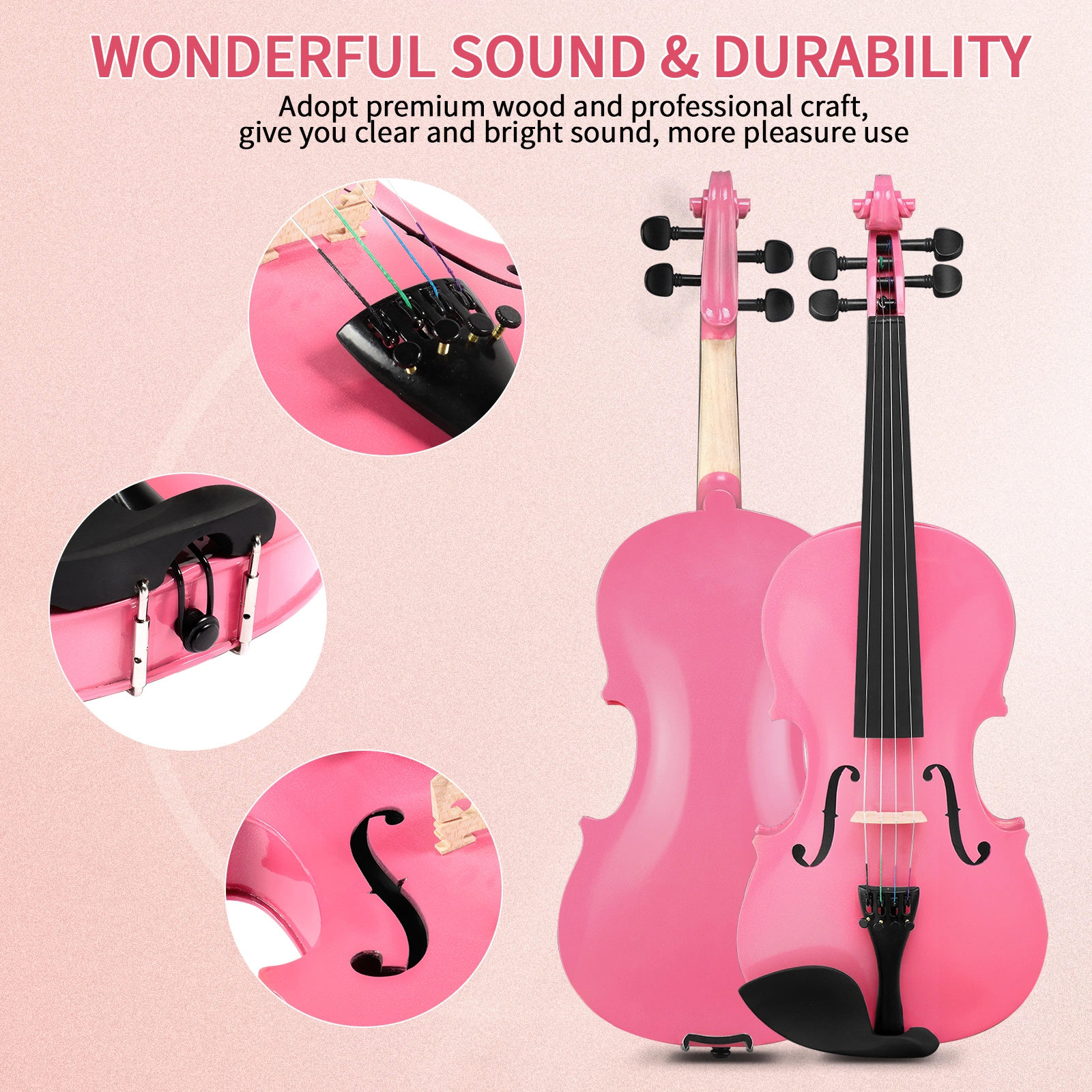 New 3/4 Acoustic Violin Case Bow Rosin Pink view 16