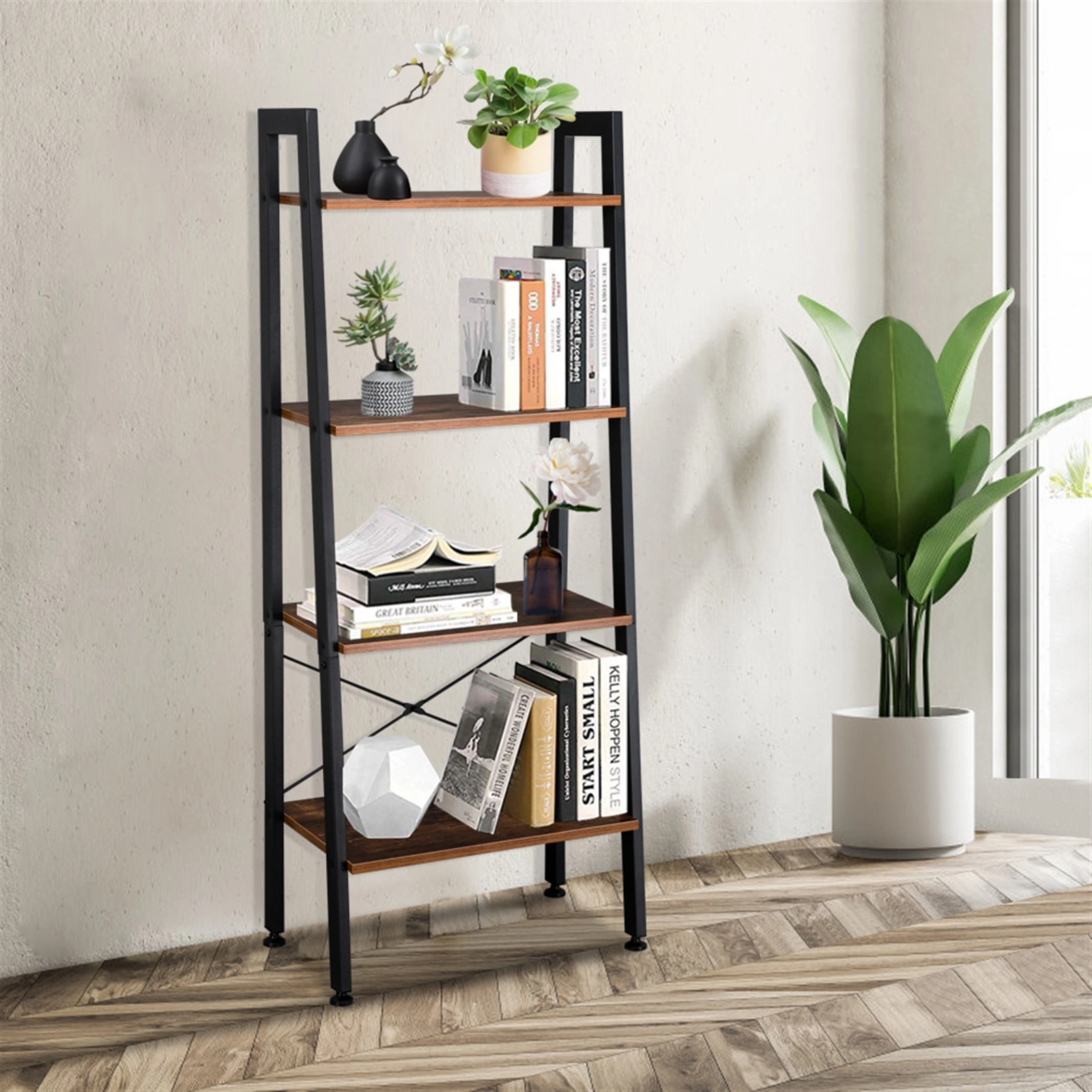 4 Tier Industrial Ladder Shelf Bookcase, Vintage Storage Rack Bookshelf for Living Room, Bedroom, Bathroom, Office, Home Decor