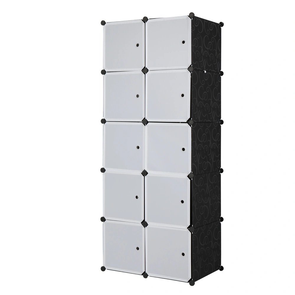 10-Cube Stackable Storage Organizer, Modular Closet Cabinet with Hanging Rod, White Doors & Black Panels view 2