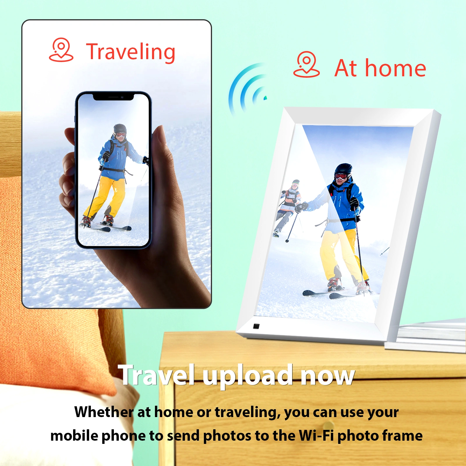 1" Digital Photo Frame + 6" Wooden Frame, 32GB Body Sensor Picture Frame, Wi-Fi Electronic Frame with Photo & Video Sharing view 3