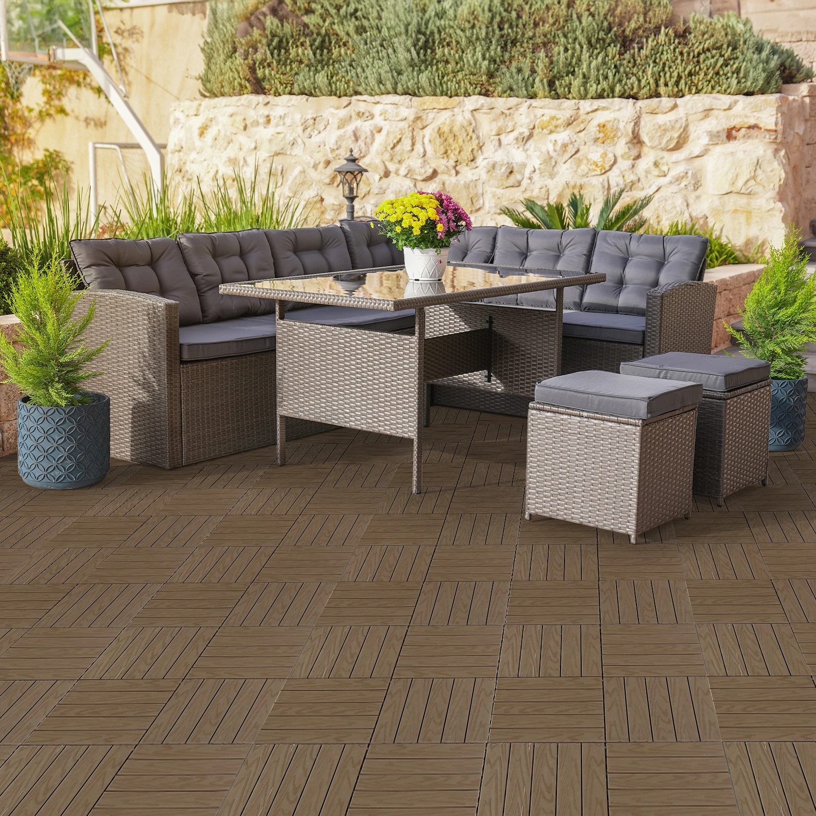 Plastic Interlocking Deck Tiles, 27 Pack, 11.8"x11.8" Waterproof Flooring Tiles for Indoor and Outdoor, Patio Floor Decking Tiles for Porch Poolside Balcony Backyard view 12