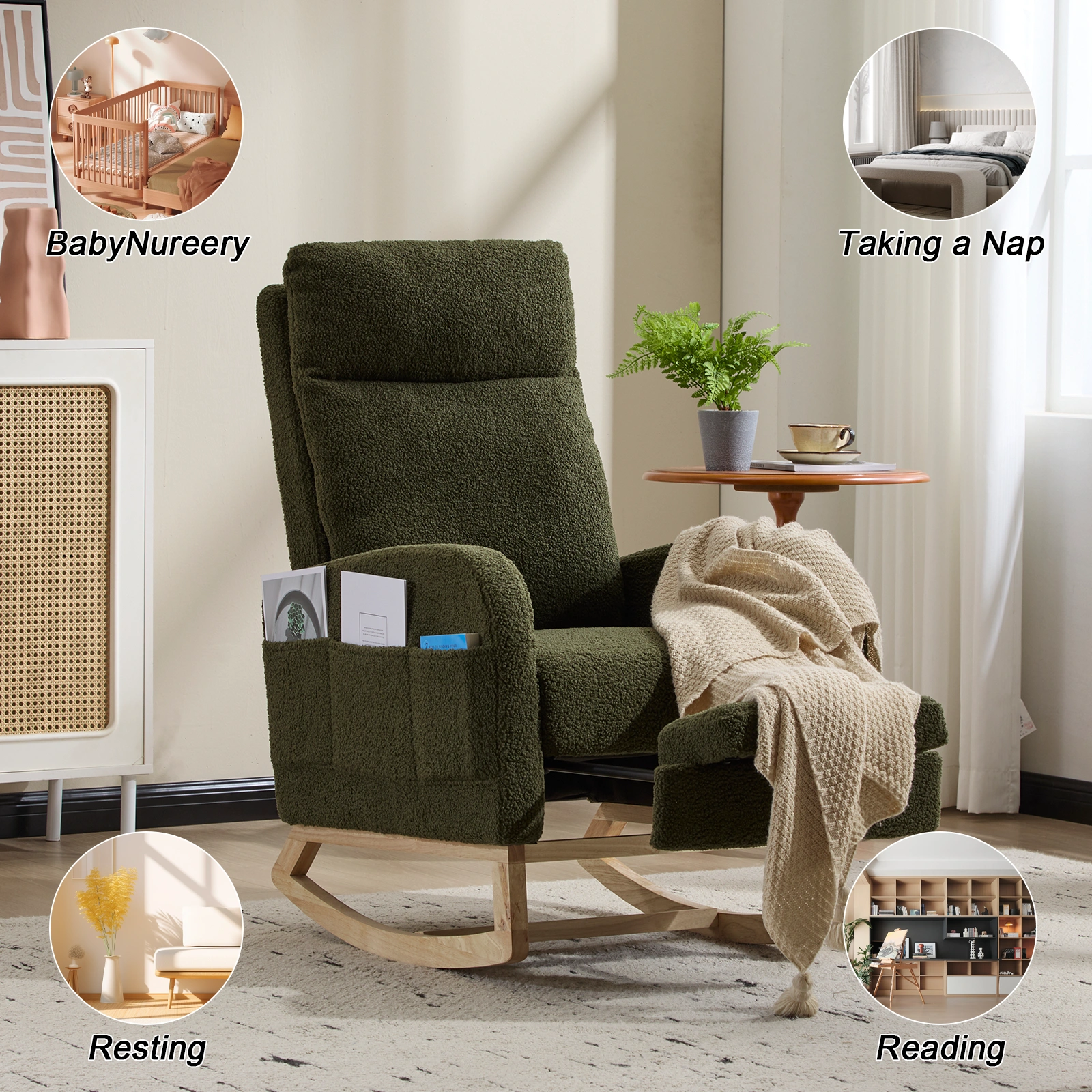 Modern Rocking Chair with Solid Wood Legs, Dark Green Teddy Upholstered Glider Rocker, High Back Armchair with Side Pocket for Nursery Living Room view 3