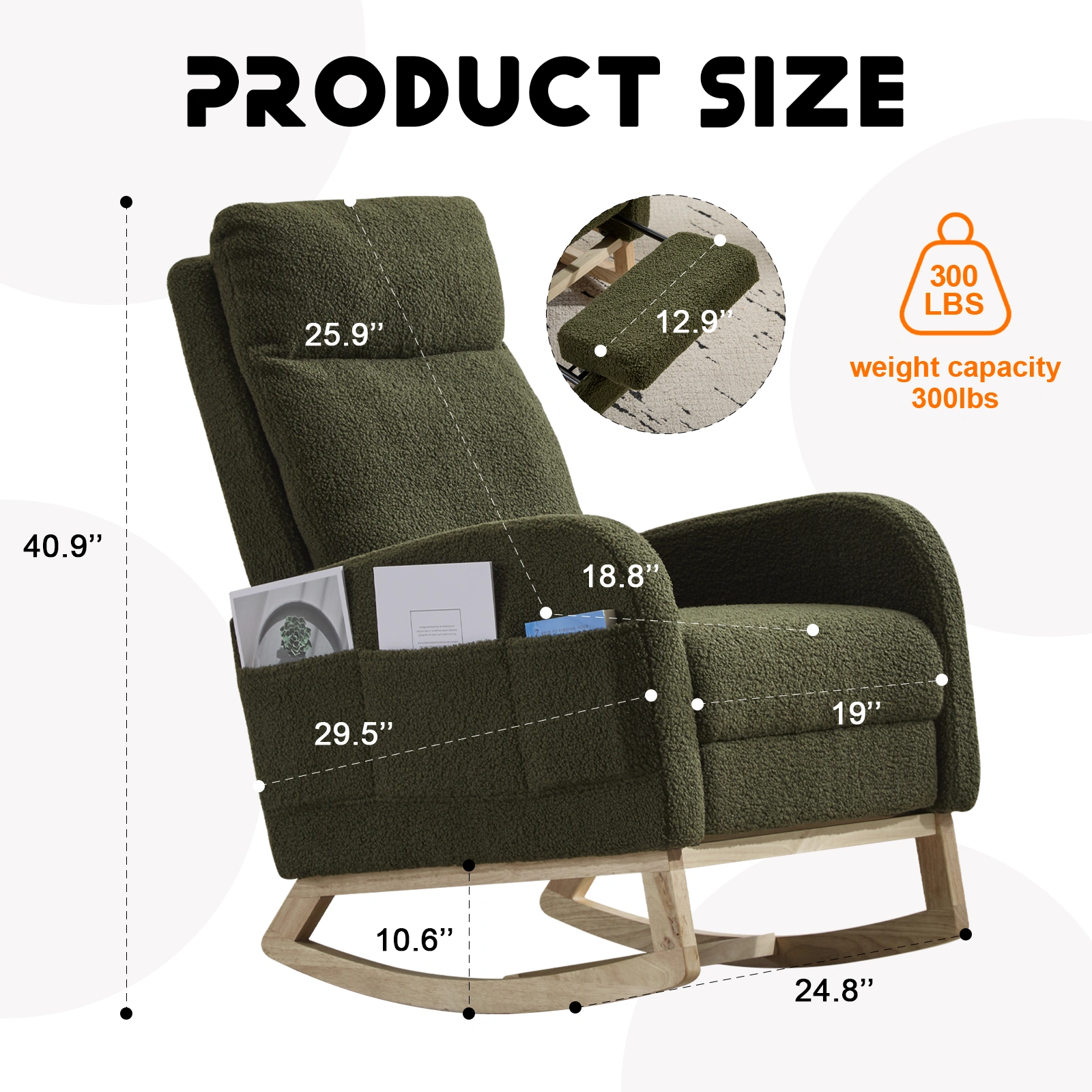 Modern Rocking Chair with Solid Wood Legs, Dark Green Teddy Upholstered Glider Rocker, High Back Armchair with Side Pocket for Nursery Living Room view 4