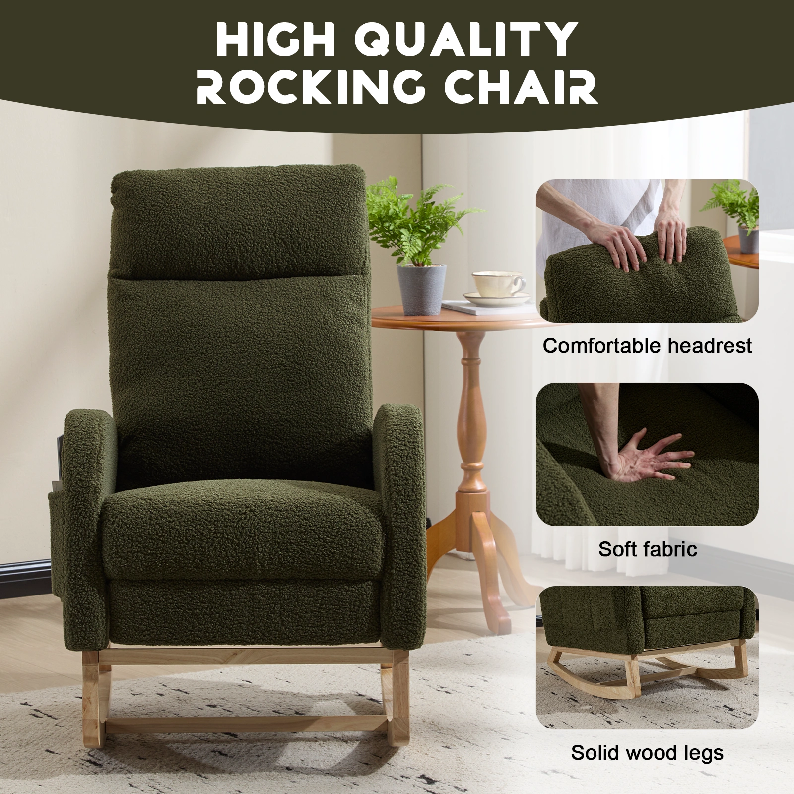 Modern Rocking Chair with Solid Wood Legs, Dark Green Teddy Upholstered Glider Rocker, High Back Armchair with Side Pocket for Nursery Living Room view 5