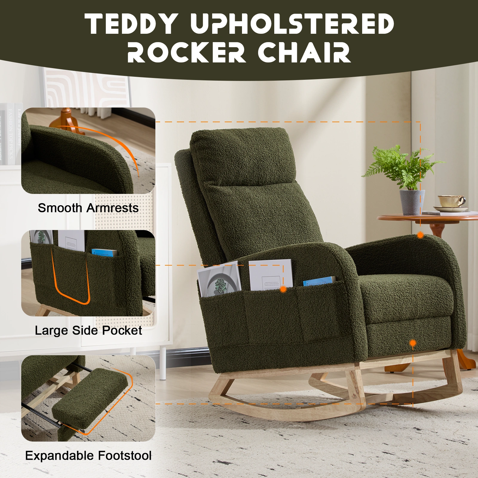 Modern Rocking Chair with Solid Wood Legs, Dark Green Teddy Upholstered Glider Rocker, High Back Armchair with Side Pocket for Nursery Living Room view 6