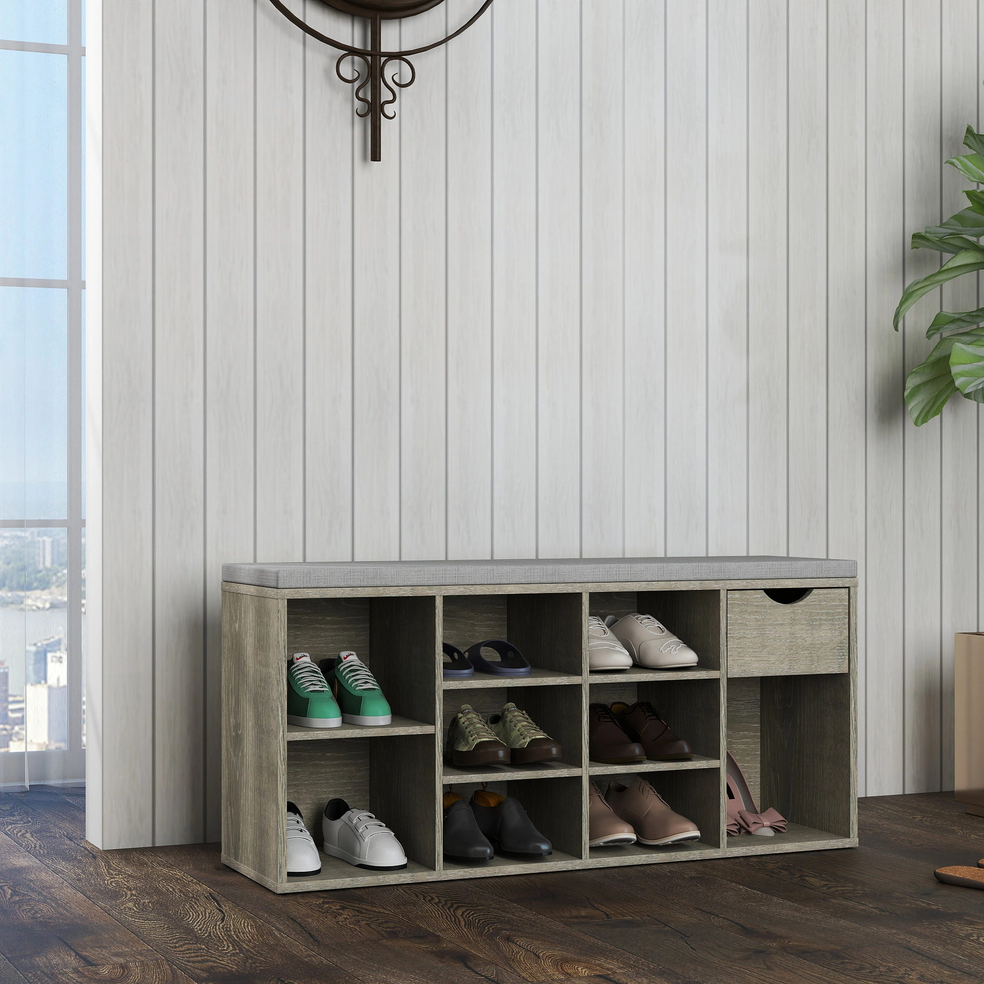 Entryway Storage Bench with Padded Cushion, Shoe Bench with Drawer & 3 Tier Open Compartments, Hallway Shoe Storage Organizer