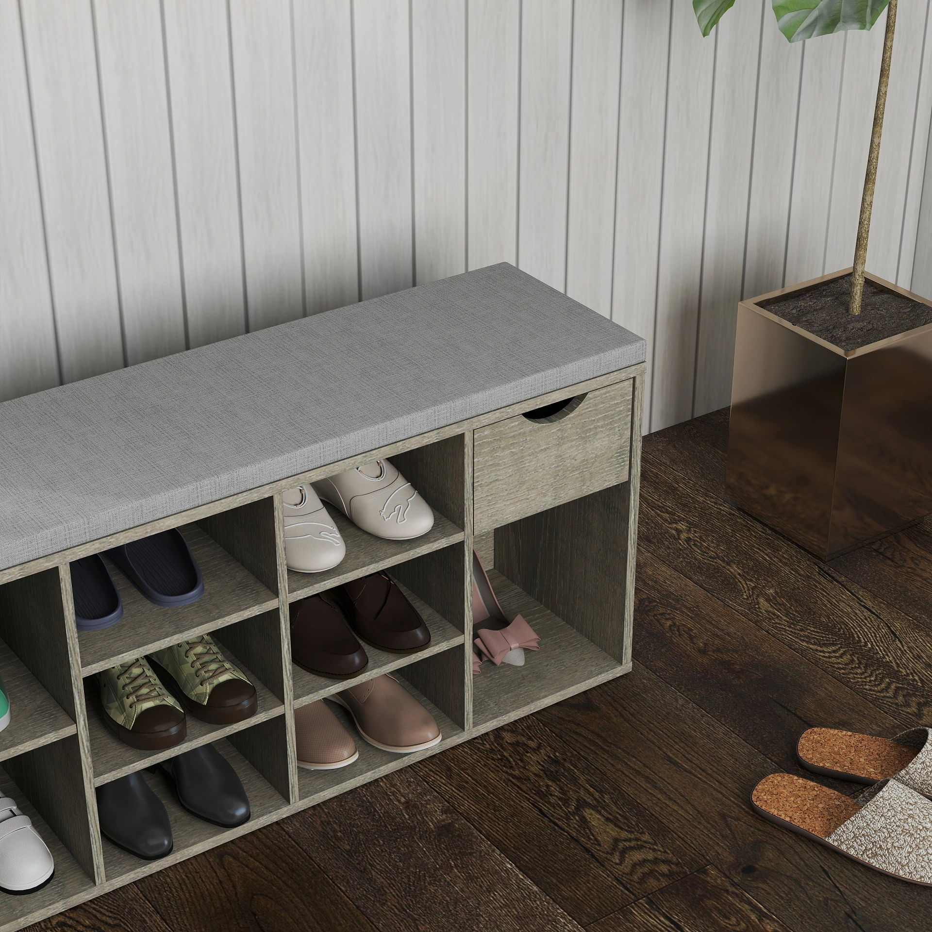 Entryway Storage Bench with Padded Cushion, Shoe Bench with Drawer & 3 Tier Open Compartments, Hallway Shoe Storage Organizer view 13