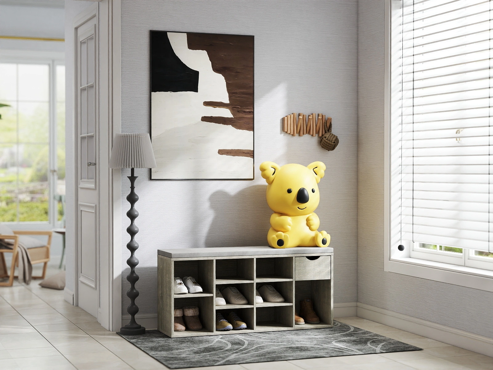 Entryway Storage Bench with Padded Cushion, Shoe Bench with Drawer & 3 Tier Open Compartments, Hallway Shoe Storage Organizer view 2