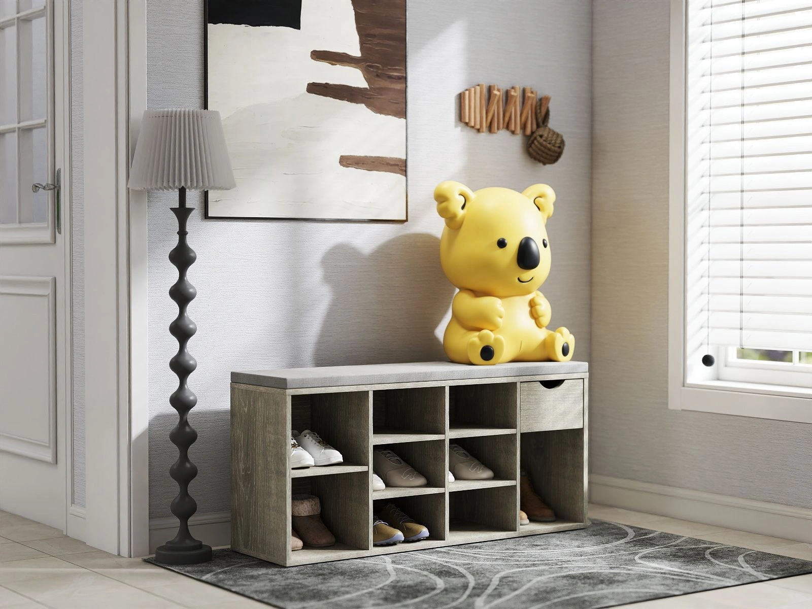 Entryway Storage Bench with Padded Cushion, Shoe Bench with Drawer & 3 Tier Open Compartments, Hallway Shoe Storage Organizer view 5