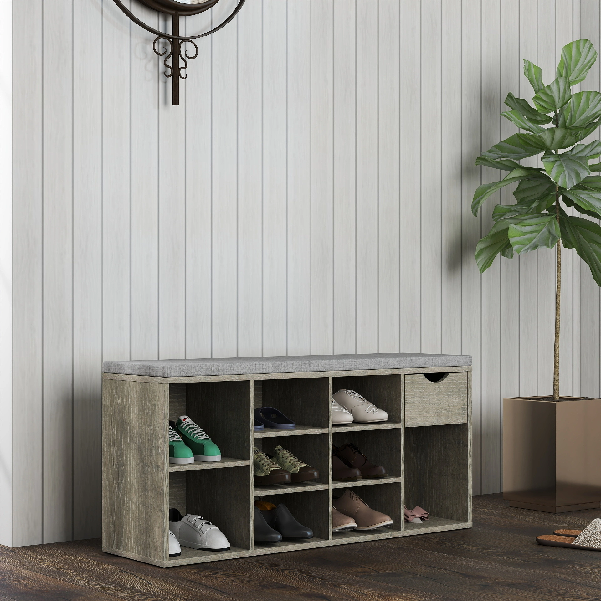 Entryway Storage Bench with Padded Cushion, Shoe Bench with Drawer & 3 Tier Open Compartments, Hallway Shoe Storage Organizer view 9