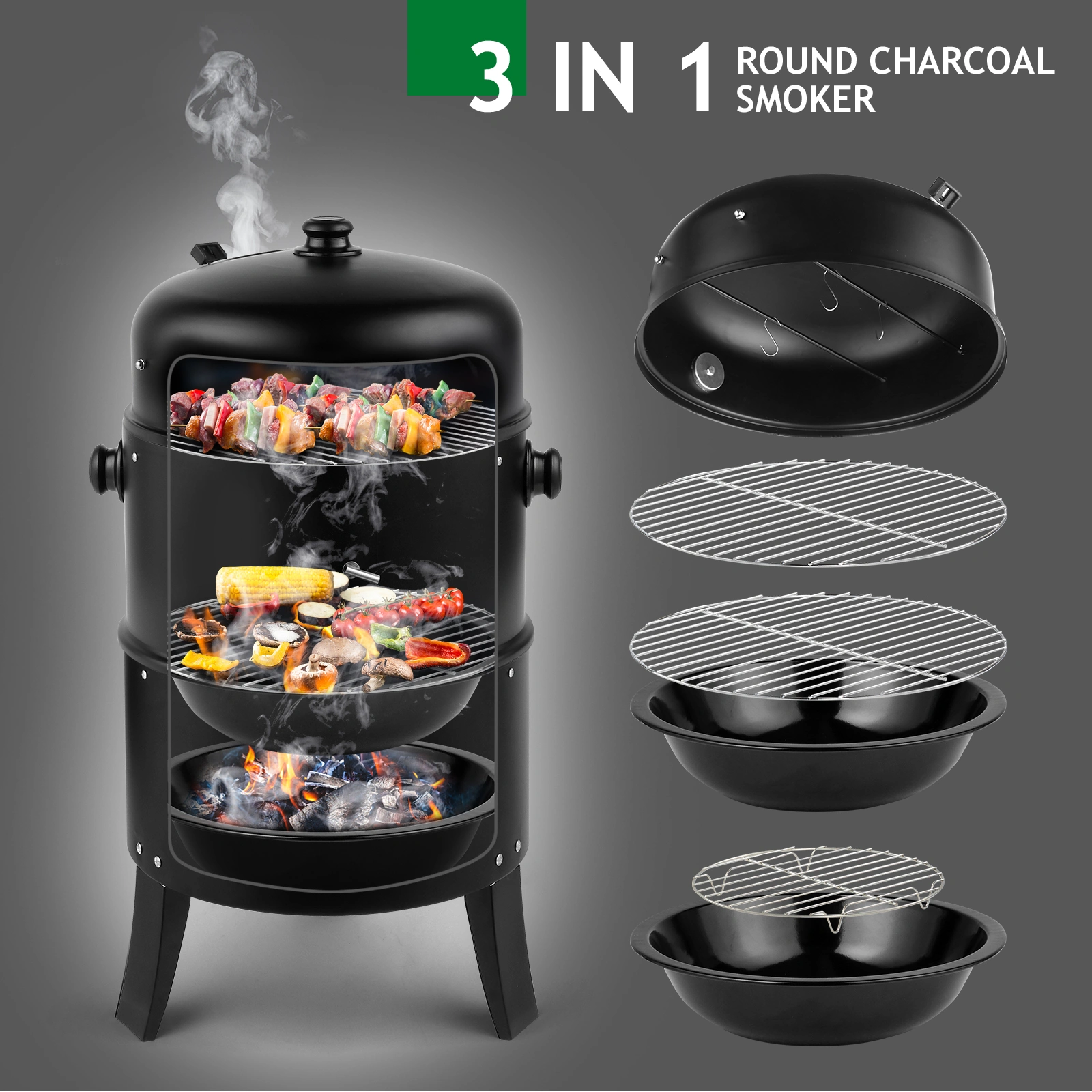 80x41x48cm Iron Spray Smoker Carbon Grill Black Outdoor Barbecue Smoker with Adjustable Vent view 17