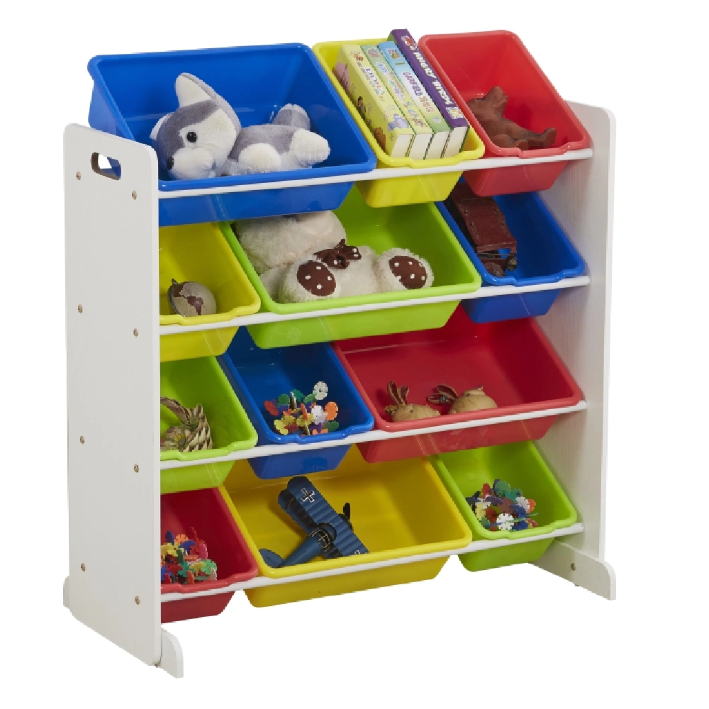 Kids' Toy Storage Organizer with 12 Plastic Bins, White & Primary - Children's Room Solution view 3