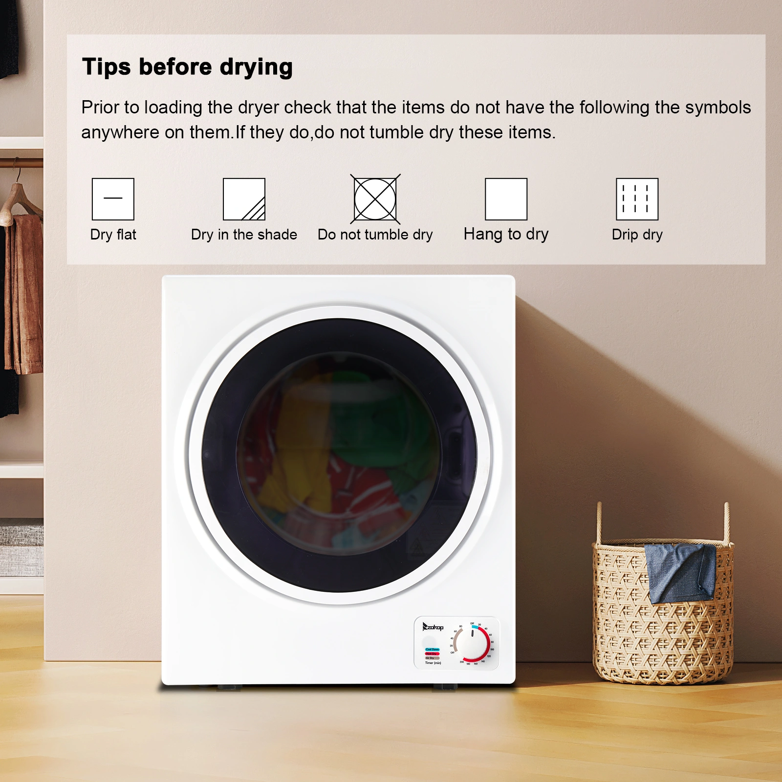 GYJ25-78 2.5KG Compact Portable Clothes Dryer, 1.6 Cu.Ft, Stainless Steel Drum, 220V-240V, Mechanical Control, Black/White, CE ROHS Certified view 2