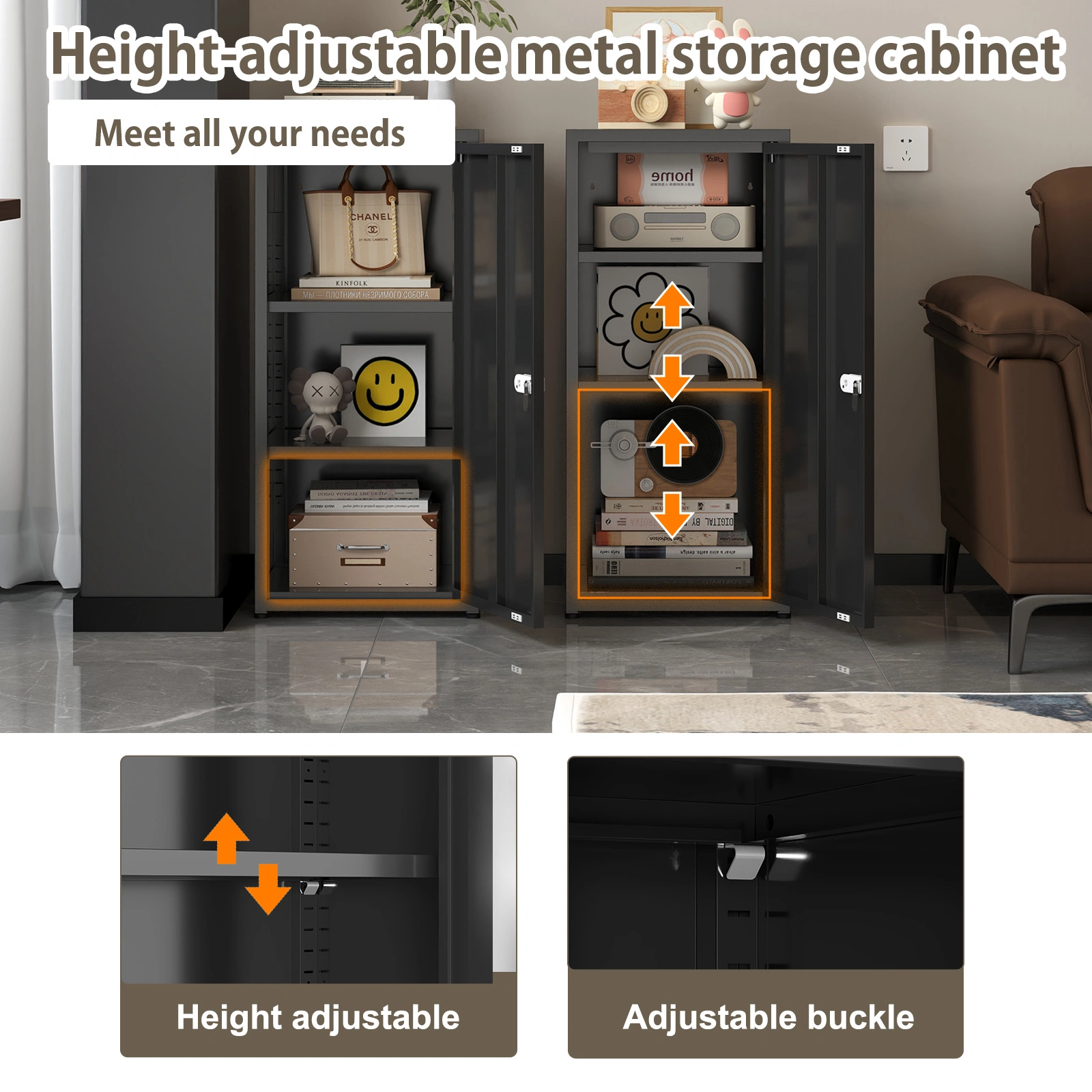 34.6"H Metal Locker Storage Cabinet with Lock, Small Lockable Employees Locker with Adjustable Shelf & Feet, Steel Single Door Lockable Cabinet for Home, School, Office, Gym (Black) view 7