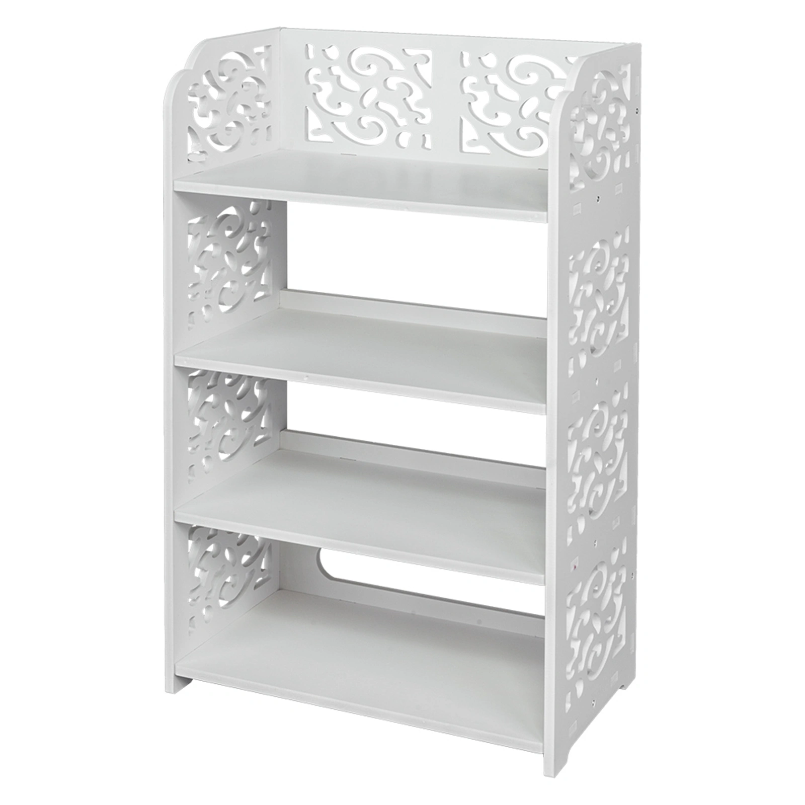 White Wood-Plastic 4-Tier Carved Shoe Rack, Multi-Layer Entryway Organizer Stand, Freestanding Storage Shelf view 15