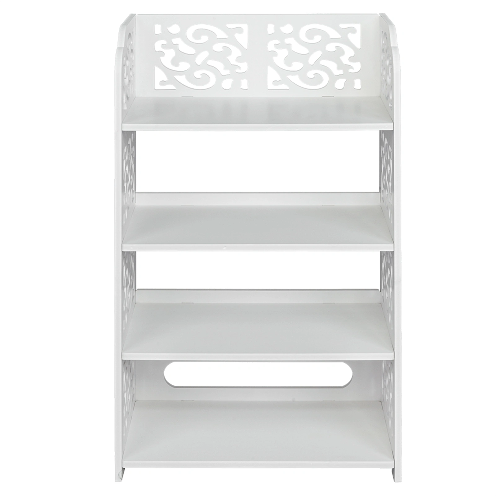 White Wood-Plastic 4-Tier Carved Shoe Rack, Multi-Layer Entryway Organizer Stand, Freestanding Storage Shelf view 16