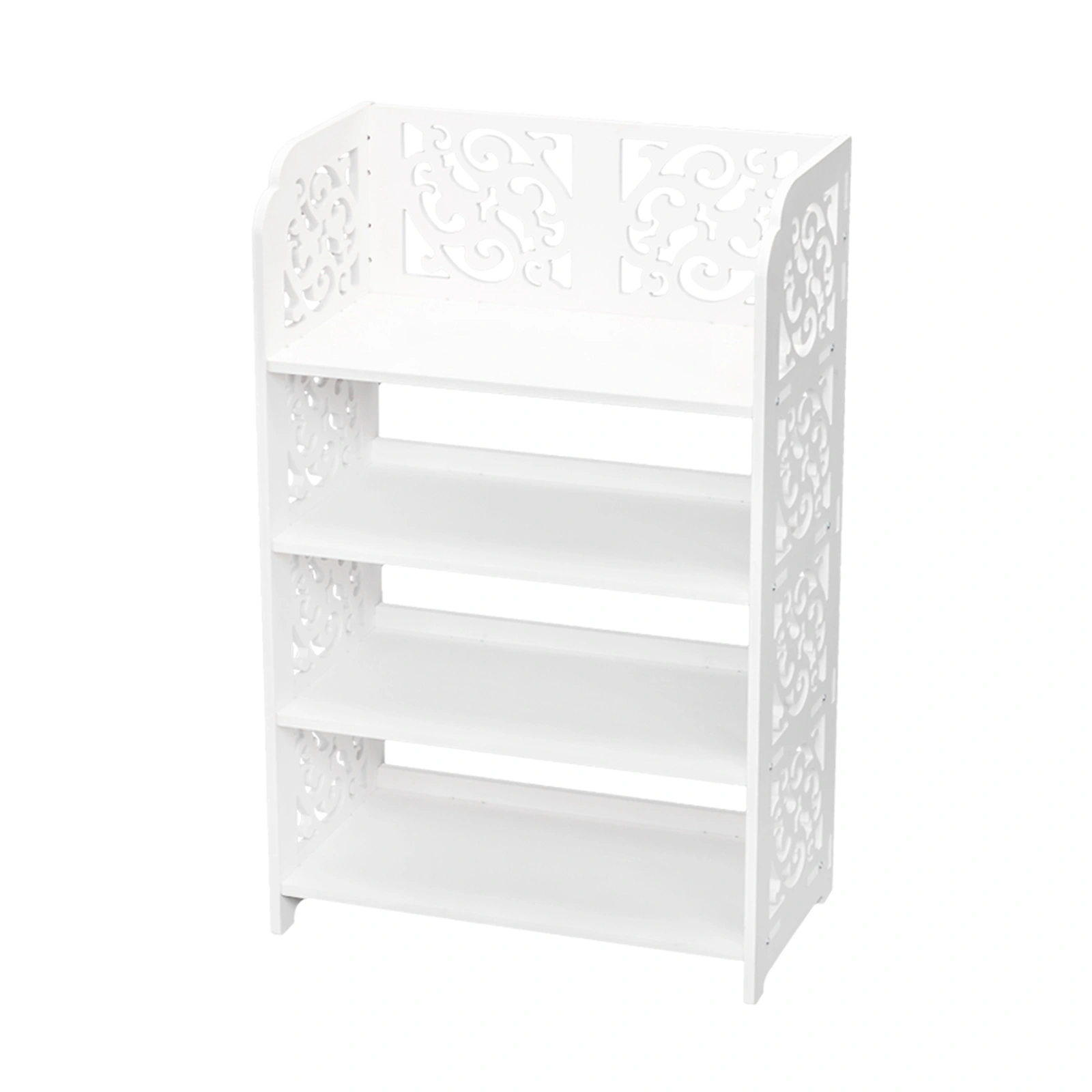 White Wood-Plastic 4-Tier Carved Shoe Rack, Multi-Layer Entryway Organizer Stand, Freestanding Storage Shelf view 2