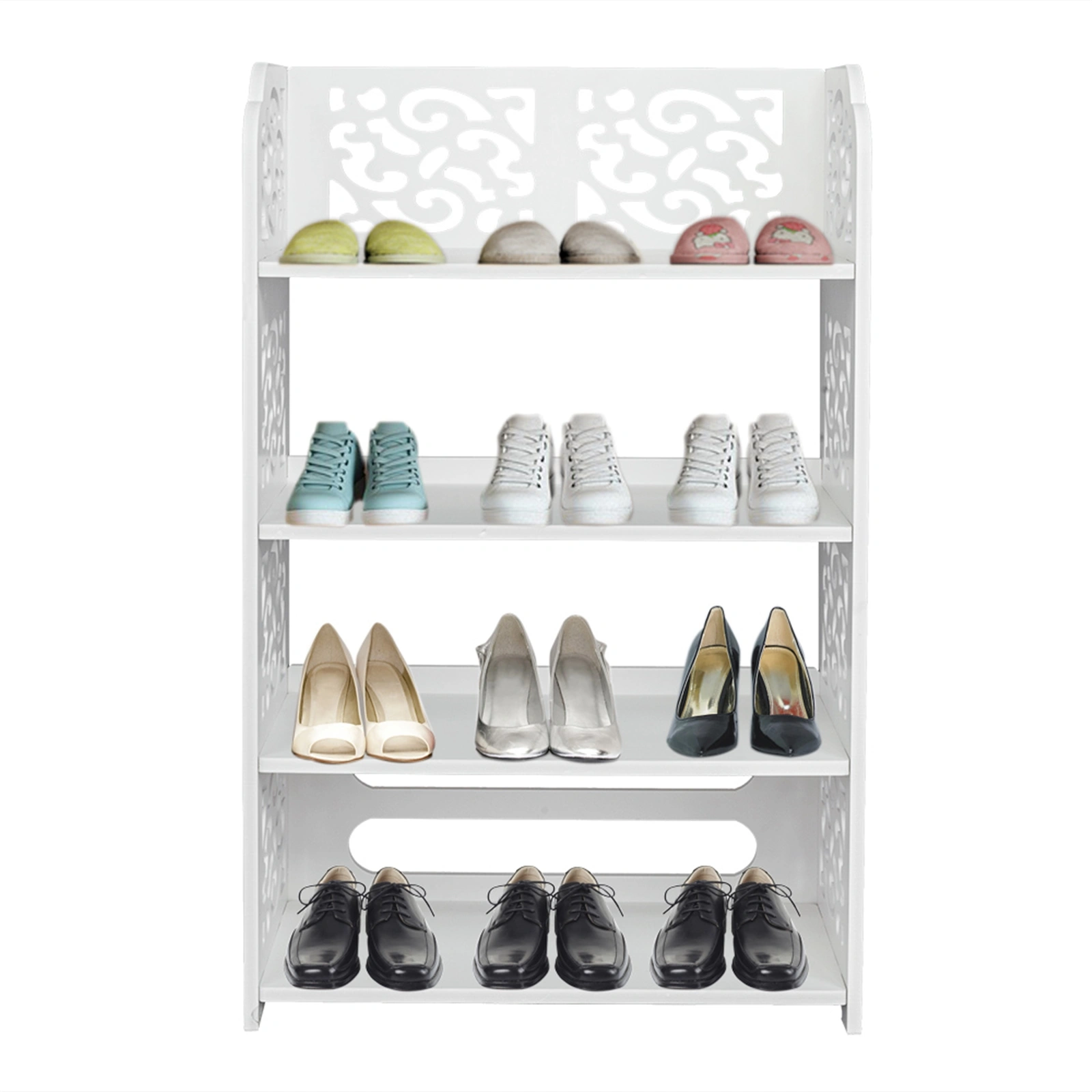 White Wood-Plastic 4-Tier Carved Shoe Rack, Multi-Layer Entryway Organizer Stand, Freestanding Storage Shelf view 9