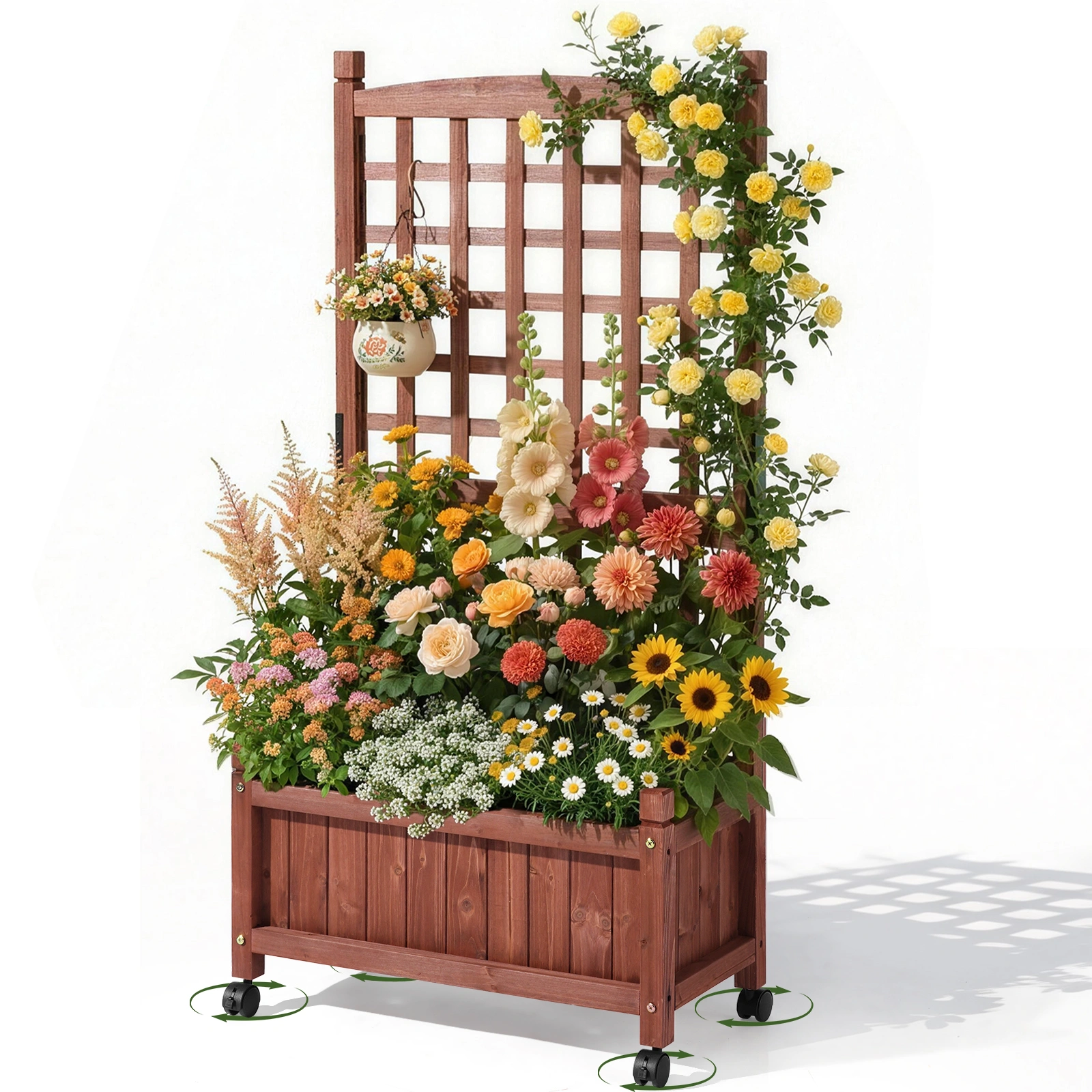 Wooden Planter with Trellis, 50" Tall Elevated Garden Bed Outdoor with Wheels, Freestanding Planter Box with Drainage Holes for Flower, Vegetable, Fruit, Herb in Garden, Patio, Balcony view 13