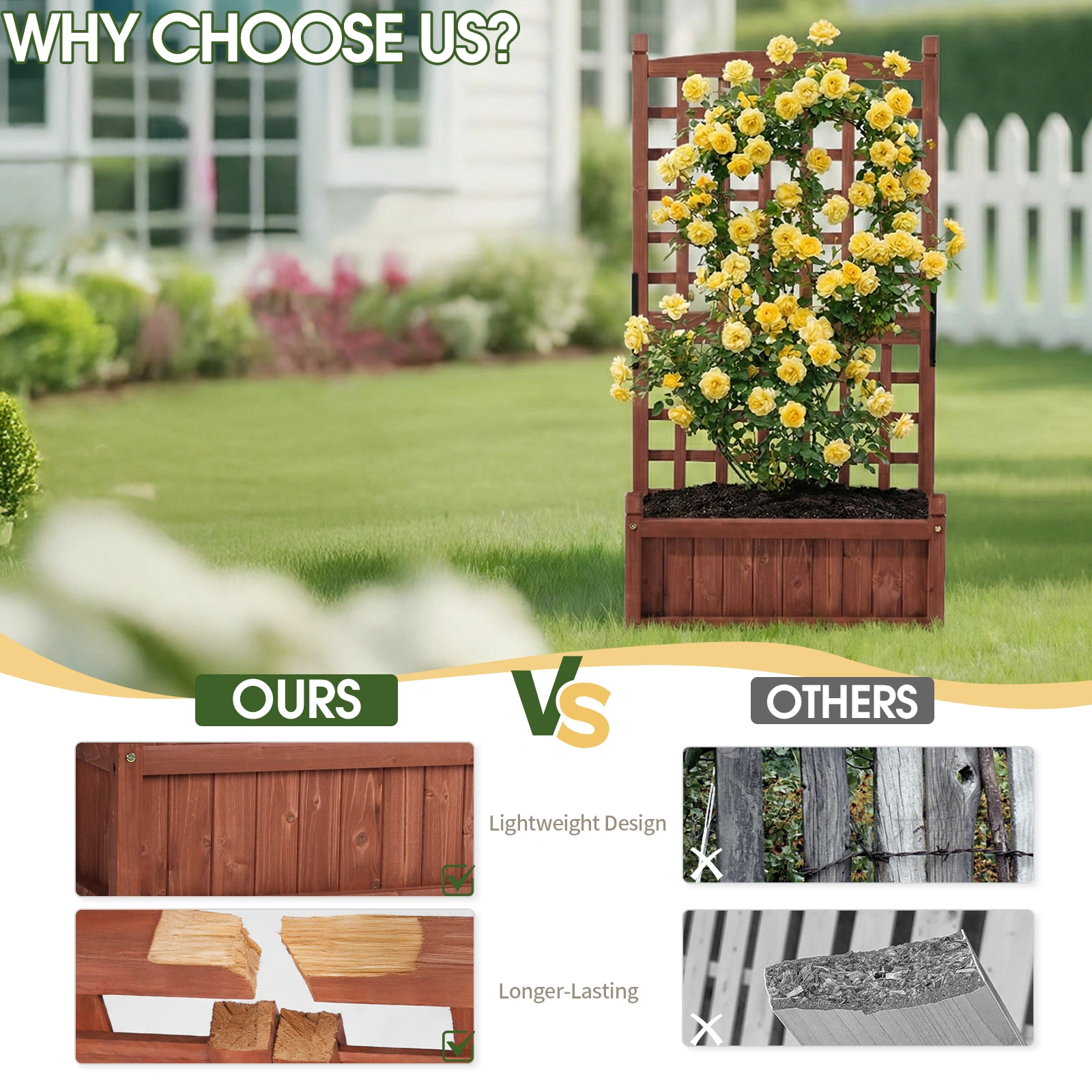 Wooden Planter with Trellis, 50" Tall Elevated Garden Bed Outdoor with Wheels, Freestanding Planter Box with Drainage Holes for Flower, Vegetable, Fruit, Herb in Garden, Patio, Balcony view 14