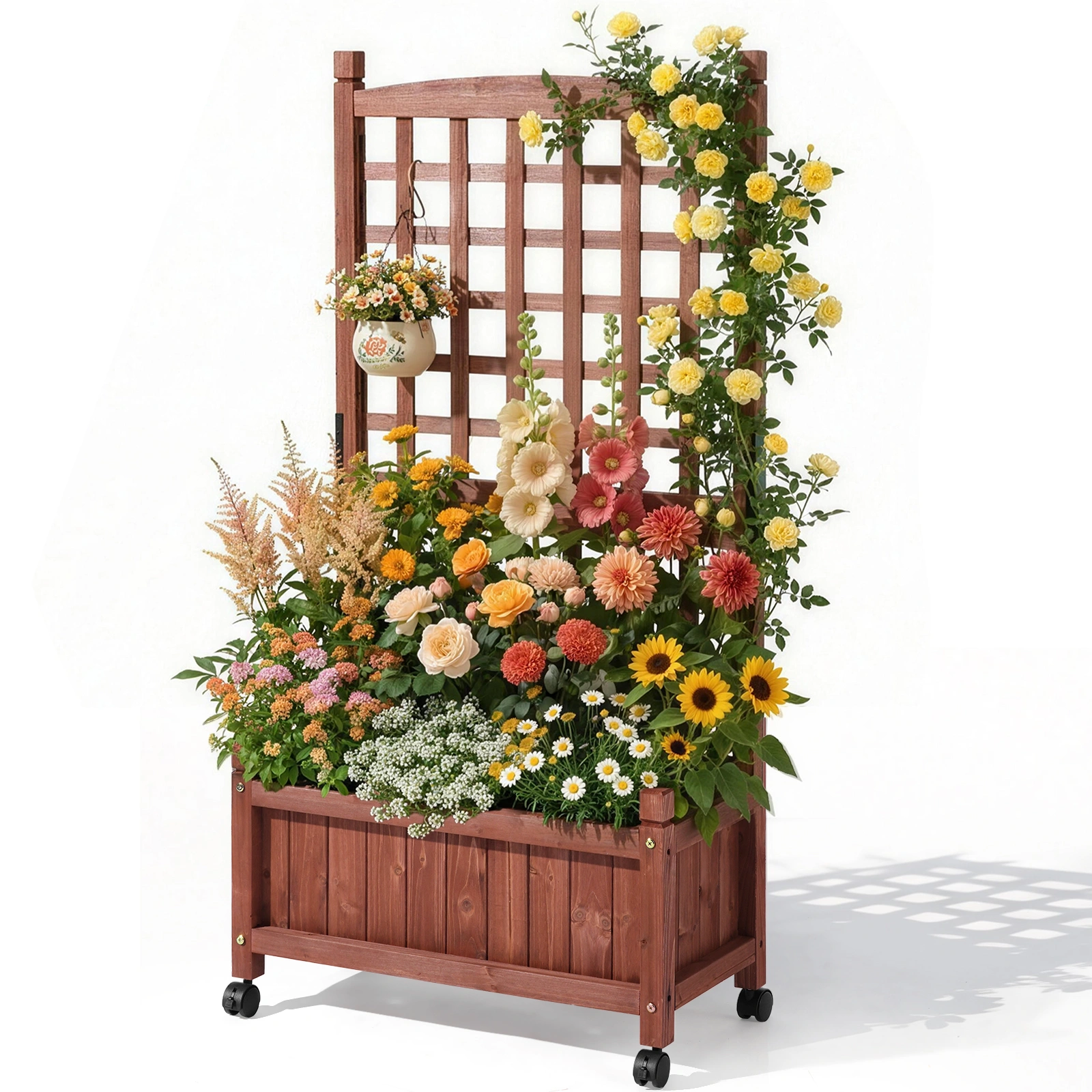 Wooden Planter with Trellis, 50" Tall Elevated Garden Bed Outdoor with Wheels, Freestanding Planter Box with Drainage Holes for Flower, Vegetable, Fruit, Herb in Garden, Patio, Balcony view 15