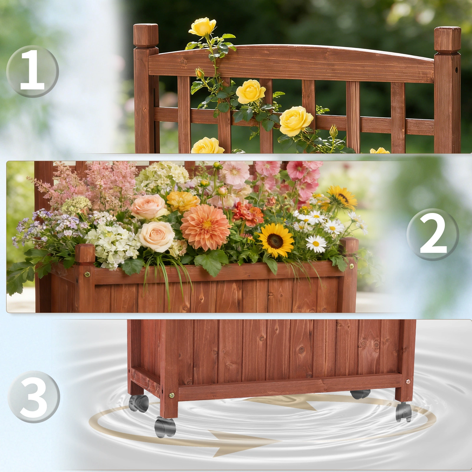 Wooden Planter with Trellis, 50" Tall Elevated Garden Bed Outdoor with Wheels, Freestanding Planter Box with Drainage Holes for Flower, Vegetable, Fruit, Herb in Garden, Patio, Balcony view 17