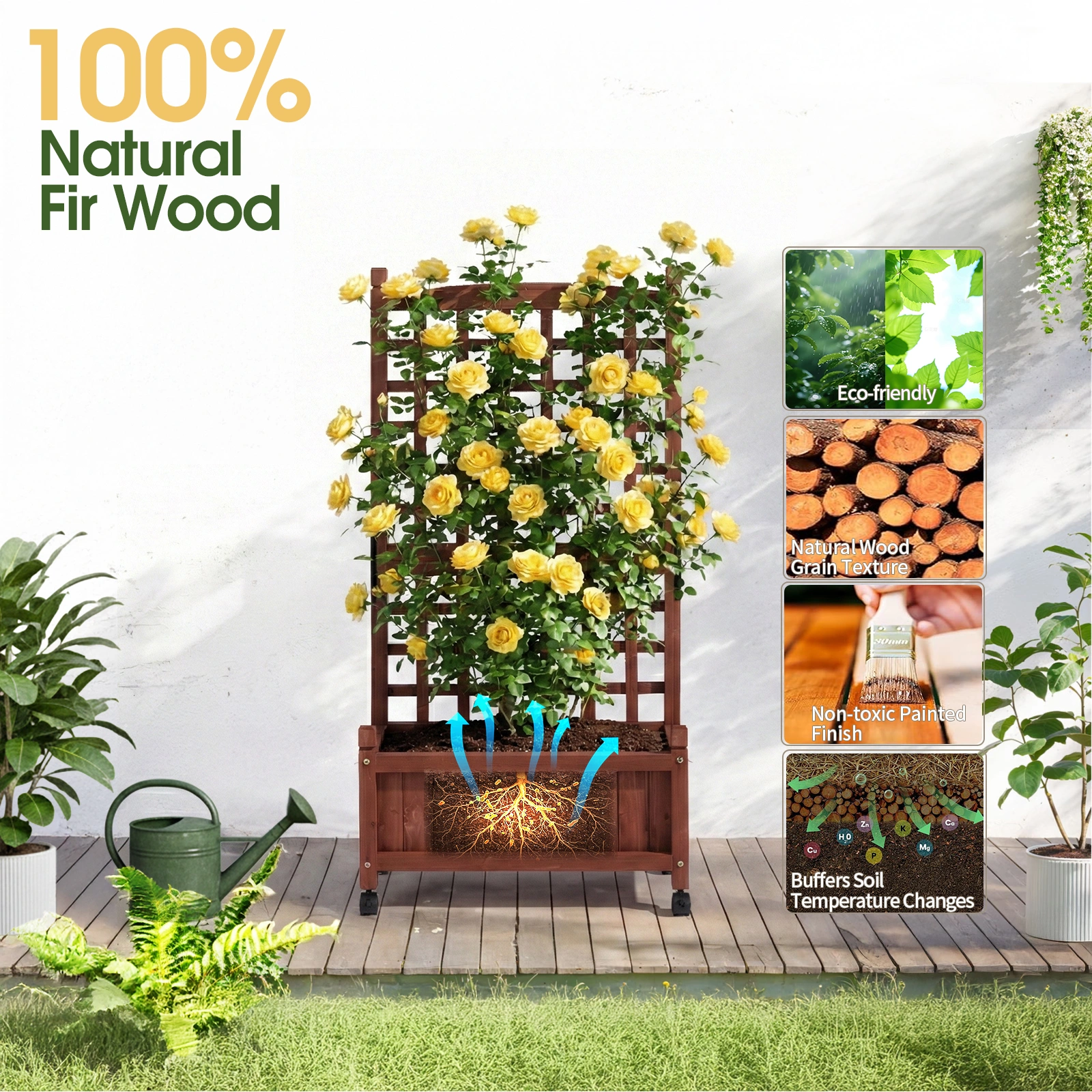 Wooden Planter with Trellis, 50" Tall Elevated Garden Bed Outdoor with Wheels, Freestanding Planter Box with Drainage Holes for Flower, Vegetable, Fruit, Herb in Garden, Patio, Balcony view 21