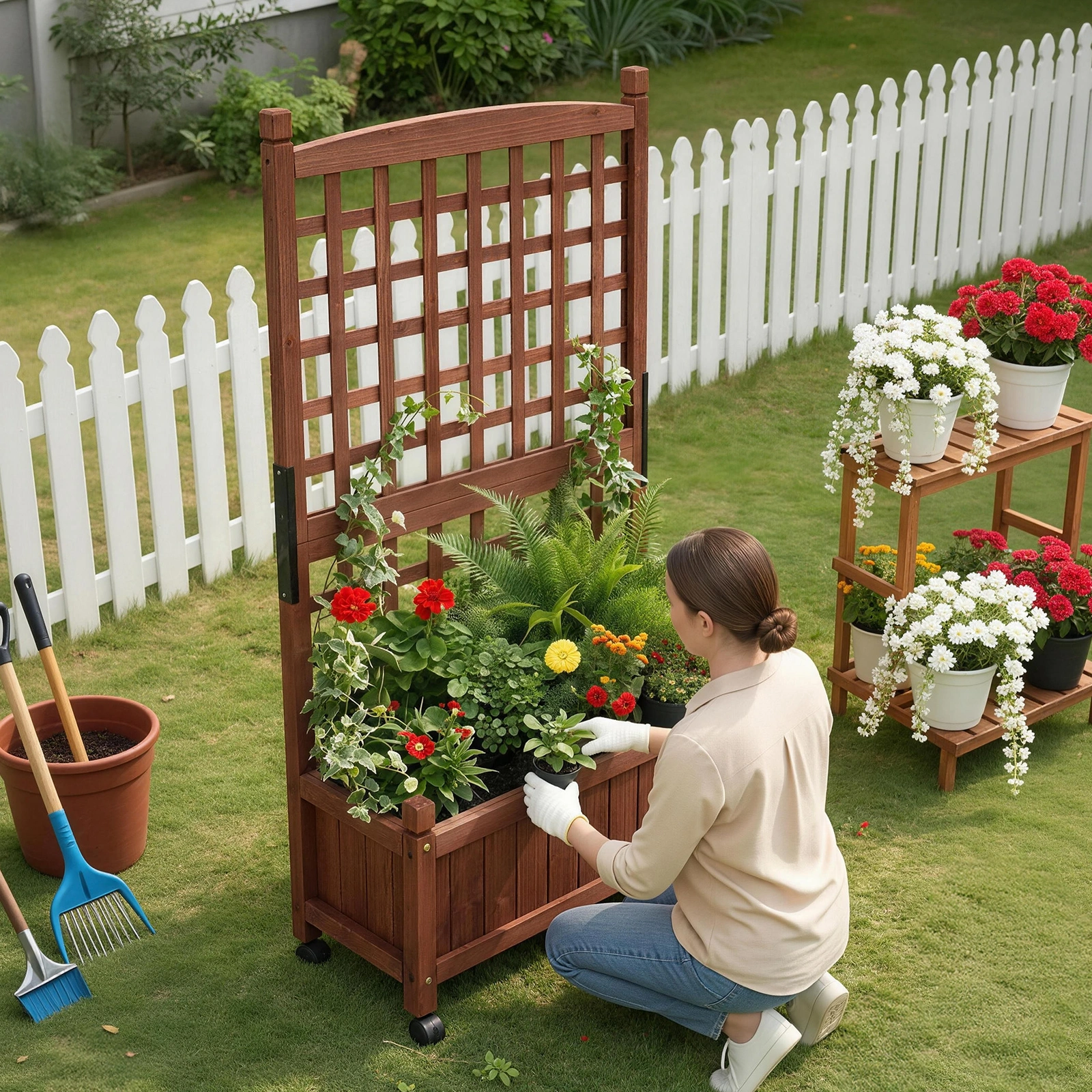 Wooden Planter with Trellis, 50" Tall Elevated Garden Bed Outdoor with Wheels, Freestanding Planter Box with Drainage Holes for Flower, Vegetable, Fruit, Herb in Garden, Patio, Balcony view 22