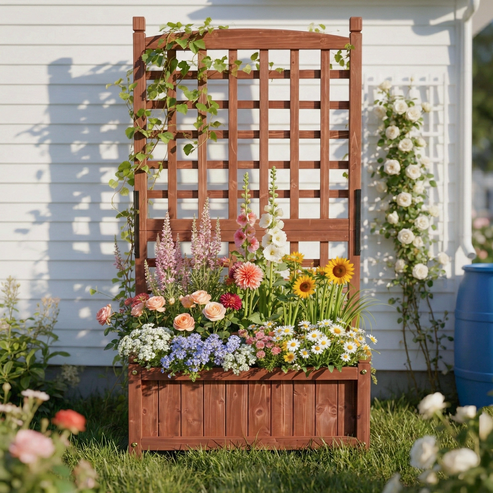 Wooden Planter with Trellis, 50" Tall Elevated Garden Bed Outdoor with Wheels, Freestanding Planter Box with Drainage Holes for Flower, Vegetable, Fruit, Herb in Garden, Patio, Balcony view 3